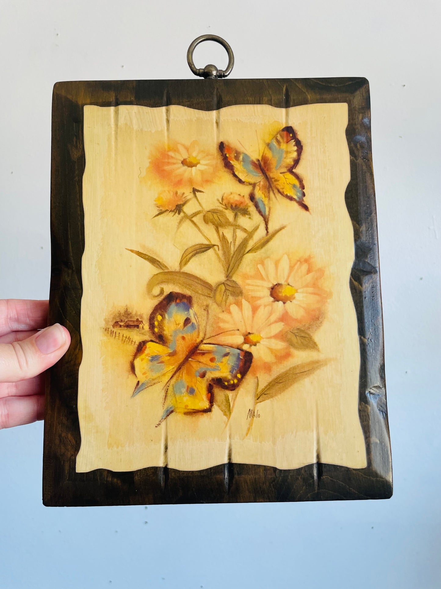 Vintage Wood Plaque Picture with Blue & Yellow Butterflies & Flowers