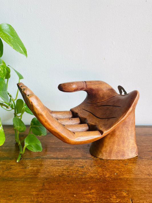 Vintage Large Carved Wood Right Hand - Can Stand or Hang on Wall - Fingers Curve to Hold Objects - Air Plant, Toilet Paper Roll, Business Cards, Etc.