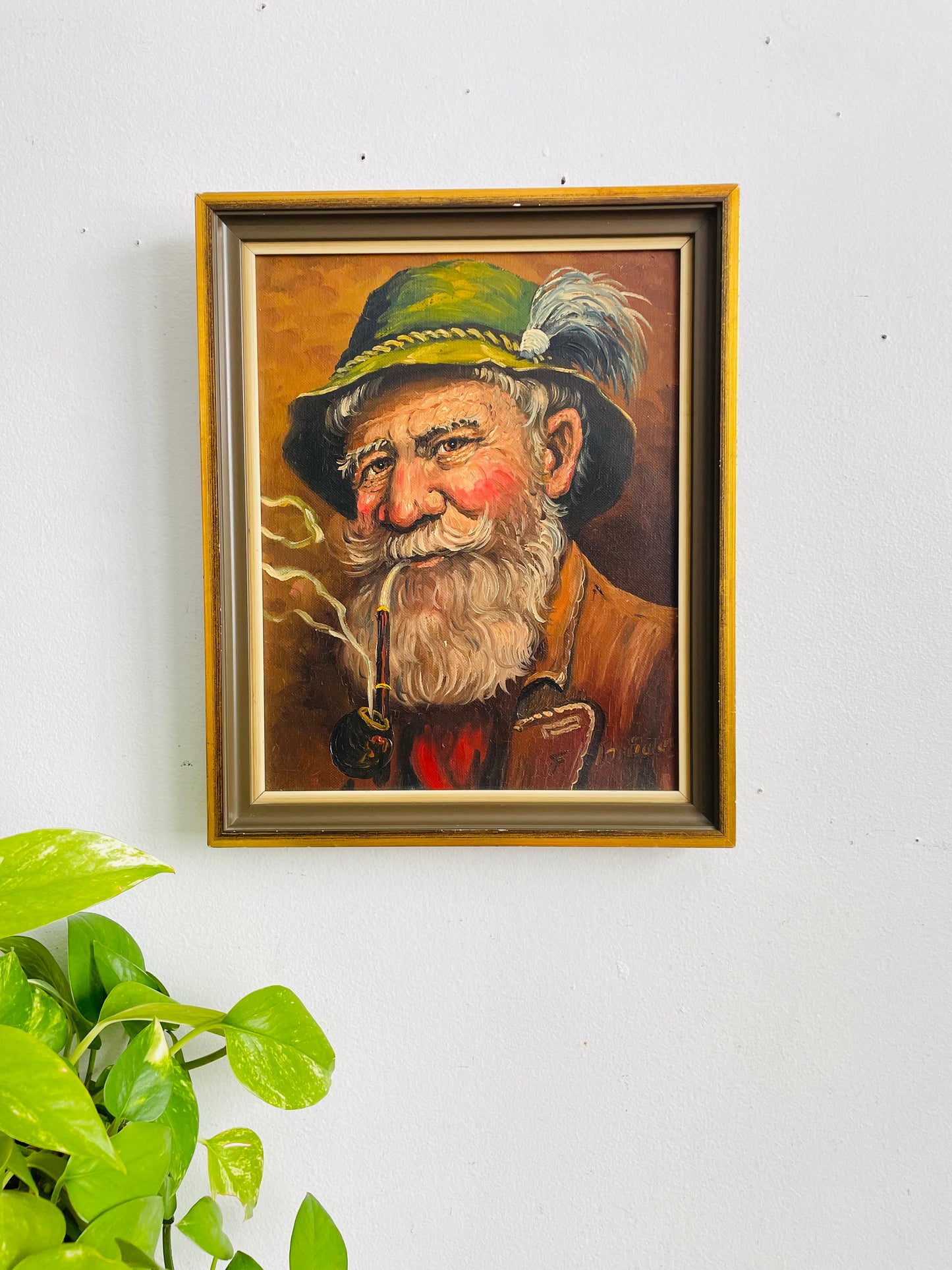 Vintage Original Art Painting Picture - Portrait of a Bavarian Man Wearing a Tyrolean Hat with Feather Plume & Smoking a Pipe