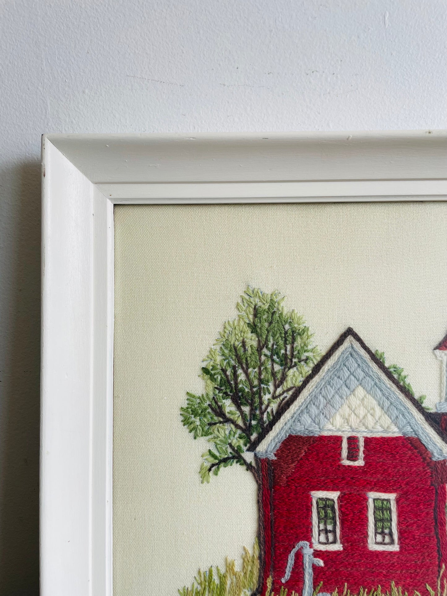 Absolutely Adorable Framed Crewel Needlepoint Embroidery Picture of Red One Room Schoolhouse