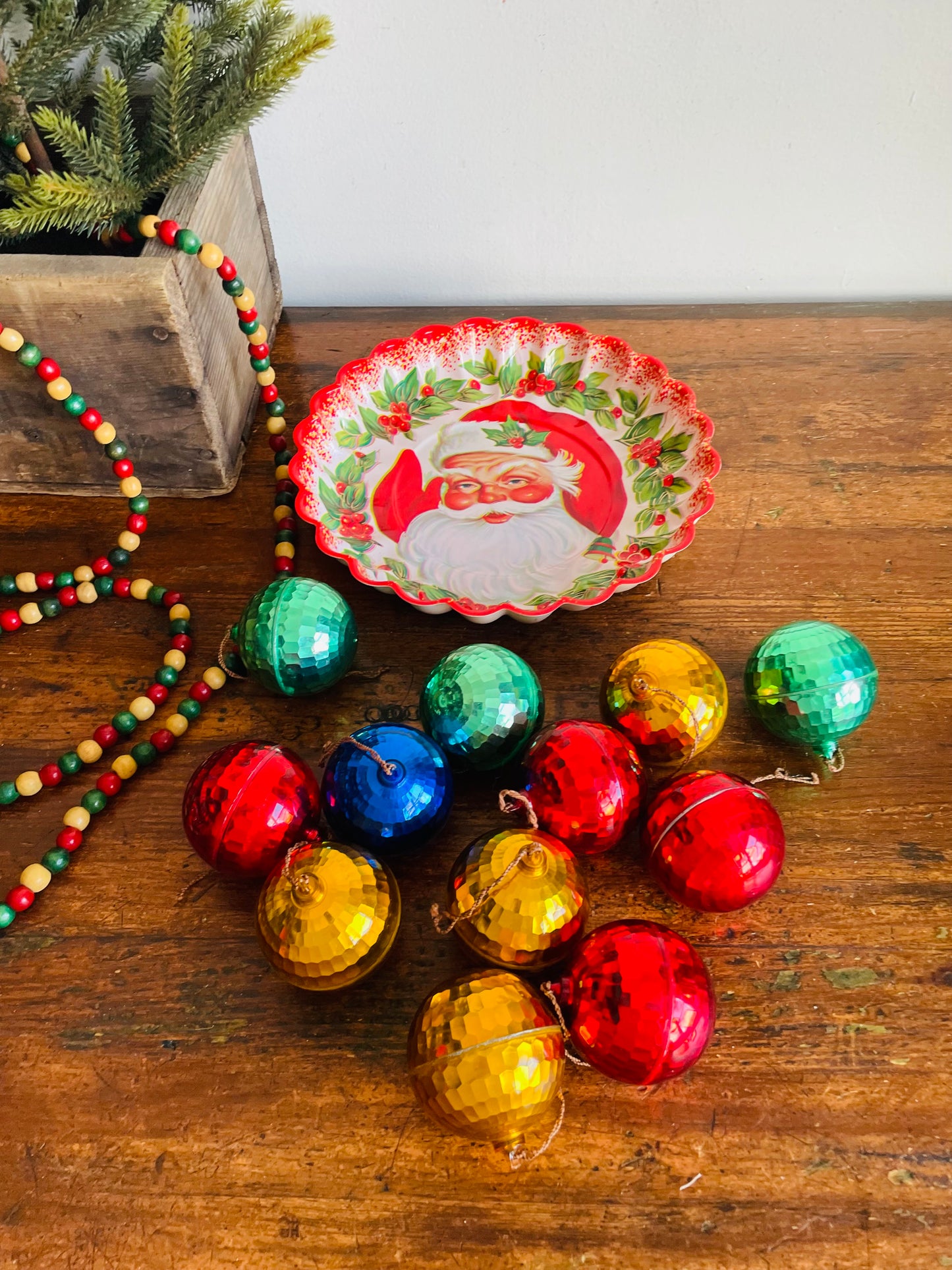 Vintage Collection of 12 Plastic Mid-Century Modern MCM Mirrored Metallic Disco Ball Christmas Ornaments & Round Santa Face Bowl with Scalloped Edges
