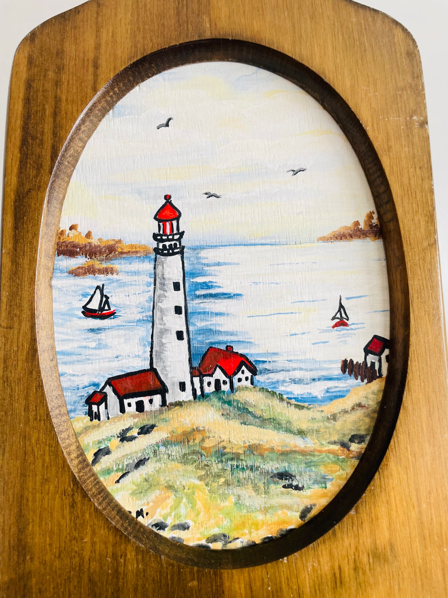 Vintage Original Art Painting of Lighthouse Nautical Scene in Hanging Wood Wall Shelf Ledge - Artist Signed
