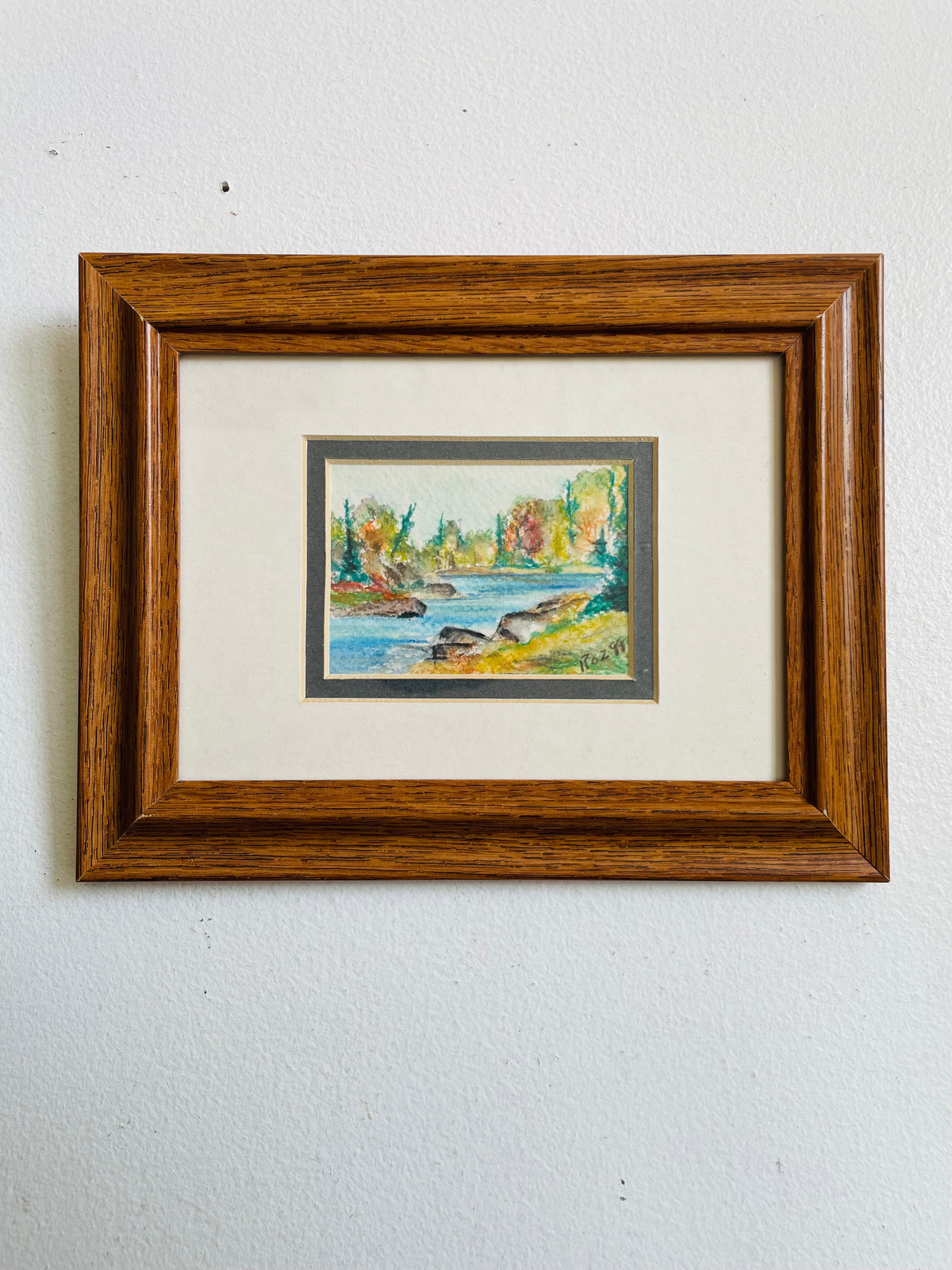 Vintage 1999 Original Art Watercolour Painting of Nature Landscape Scene - River With Forest & Trees - Artist Signed Roz