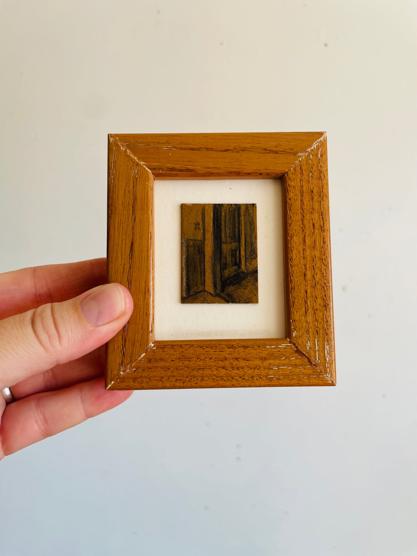 Vintage 1995 Miniature Original Art Painting in Chunky Tan Wood Frame - Artist Signed