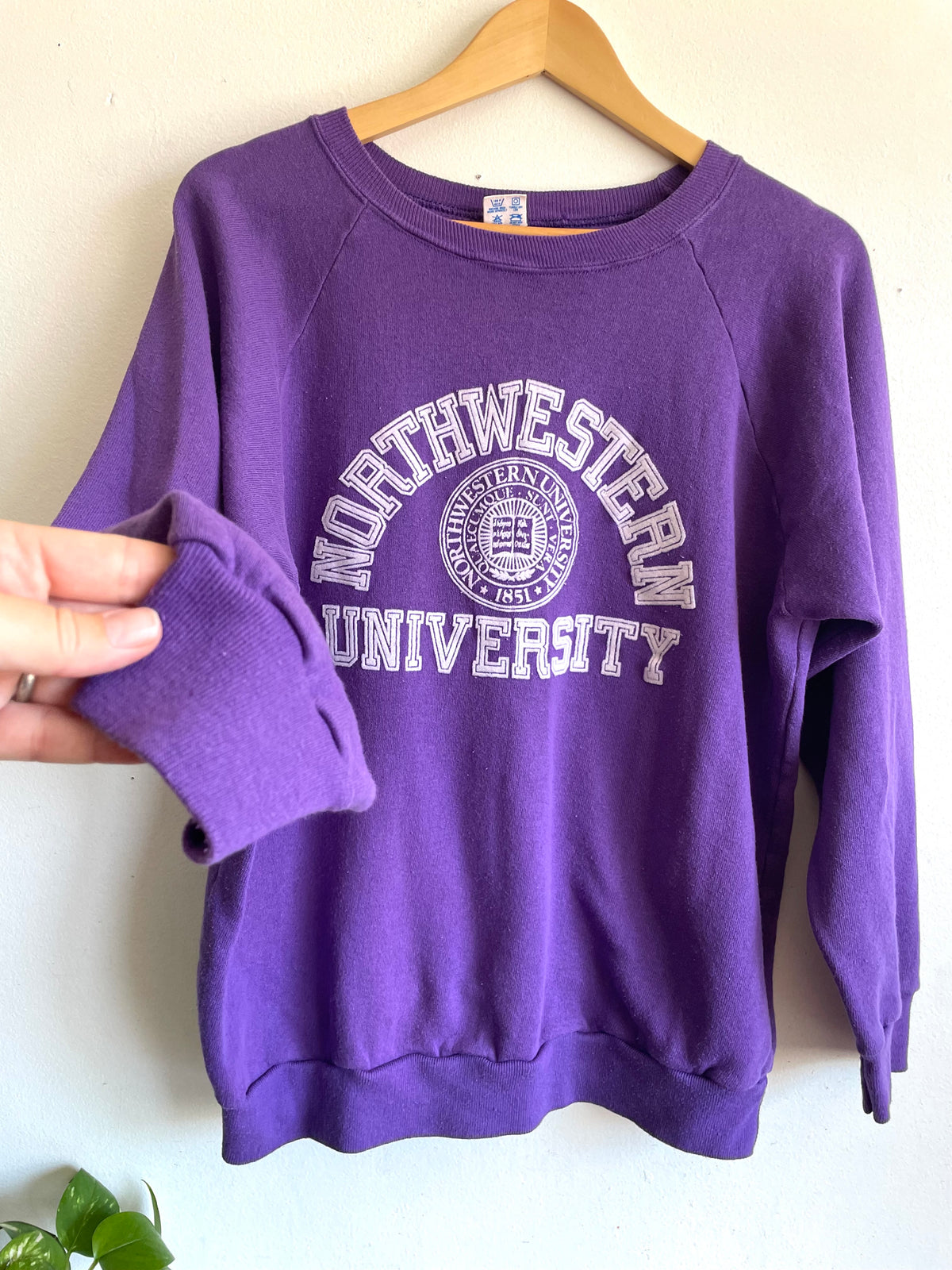 Vintage 1980s Northwestern University Champion Brand Purple Crewneck Sweatshirt with White Velvet Raised Logo - Evanston Illinois - Size XL - Made in USA
