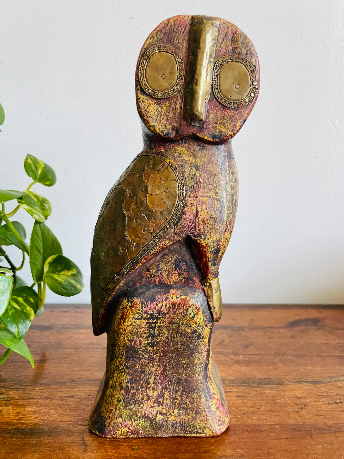 Vintage Solid Wood Carved Owl Sculpture With Hammered Brass & Copper Details
