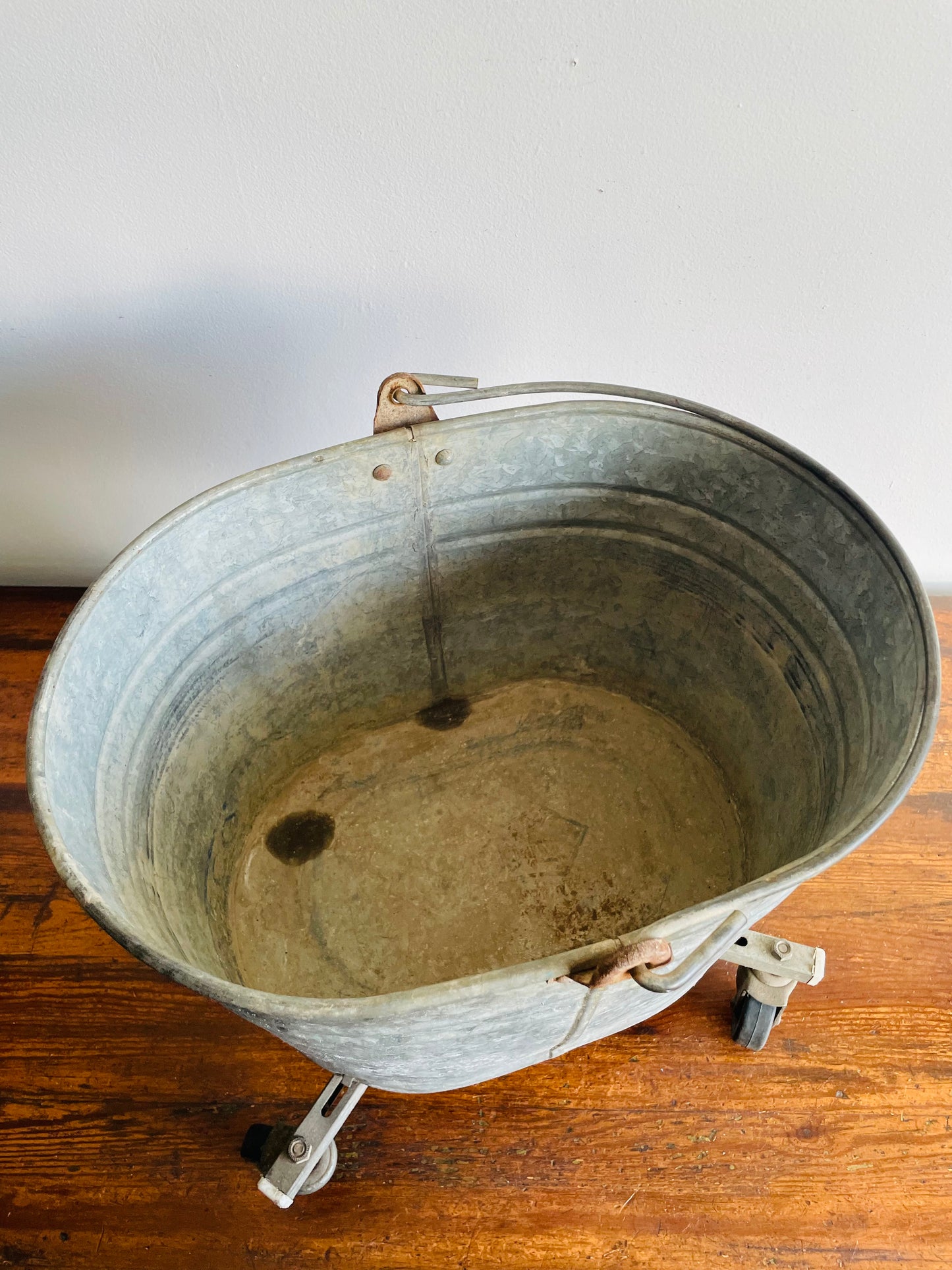 Rustic Galvanized Steel Mop Bucket on Caster Wheels with Handle - White Mop Wringer Co. of Canada - Paris, Ontario