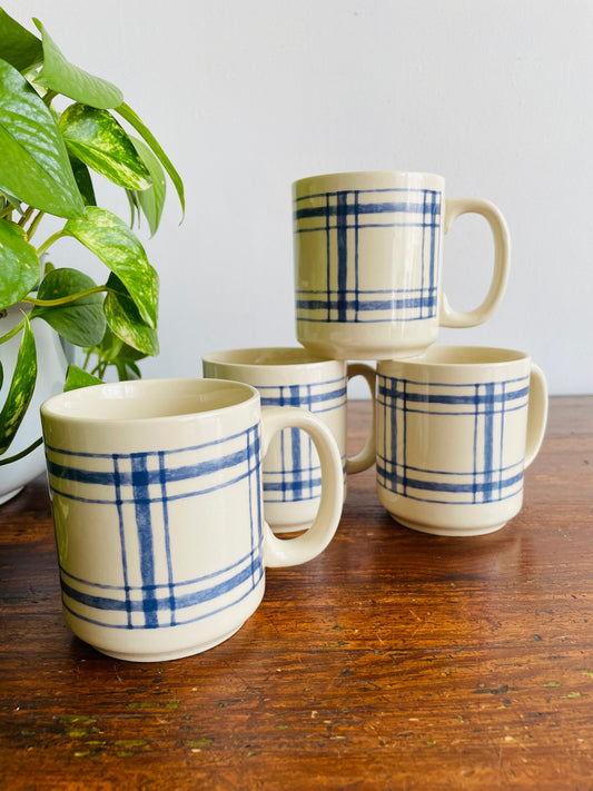 Eaton Home Blue Checkered Tartan Pattern Mugs - Set of 4 - # 2