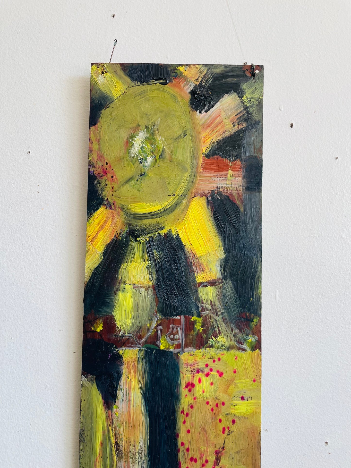 Original Art Yellow & Black Abstract Painting on Wood Board with Fish Hooks to Hang From Wall - Purchased from an Artist's Estate in Fort Erie, ON - No Shipping
