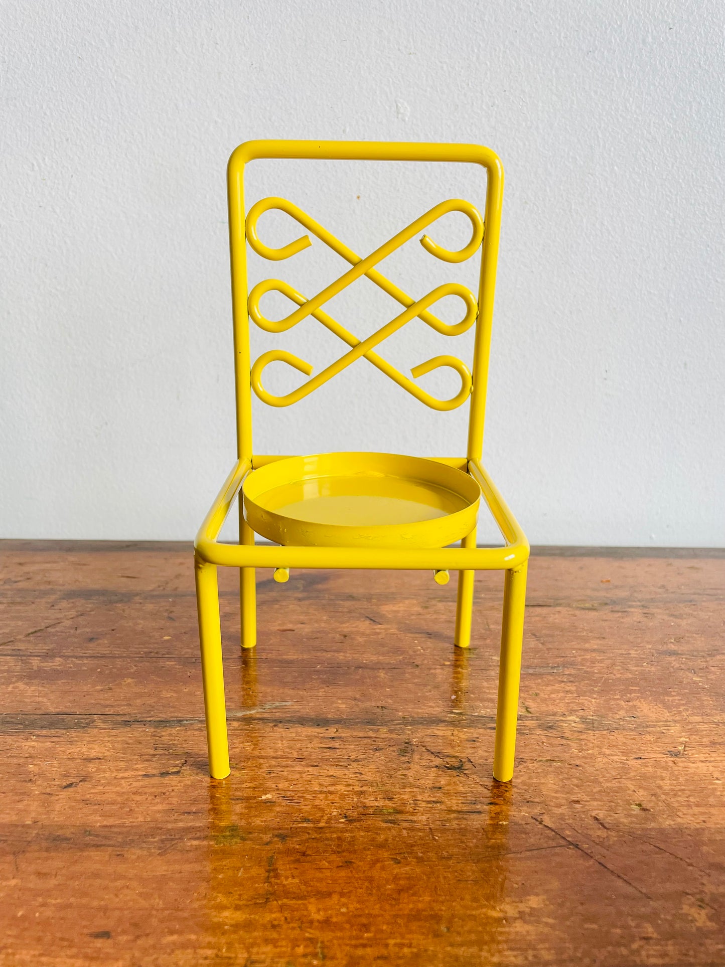 Vintage Bright & Cheerful Yellow Metal Candle Holder Chair or 3" Plant Pot Holder - Made in Taiwan