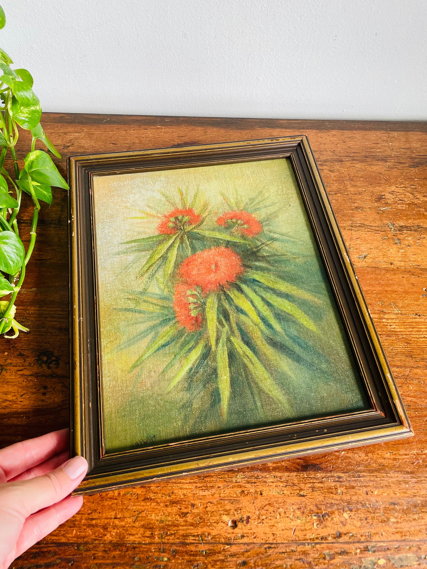Vintage Very Old Original Art Painting of Red Flowers Among Green Foliage in Dark & Moody Colours - Artist Signed