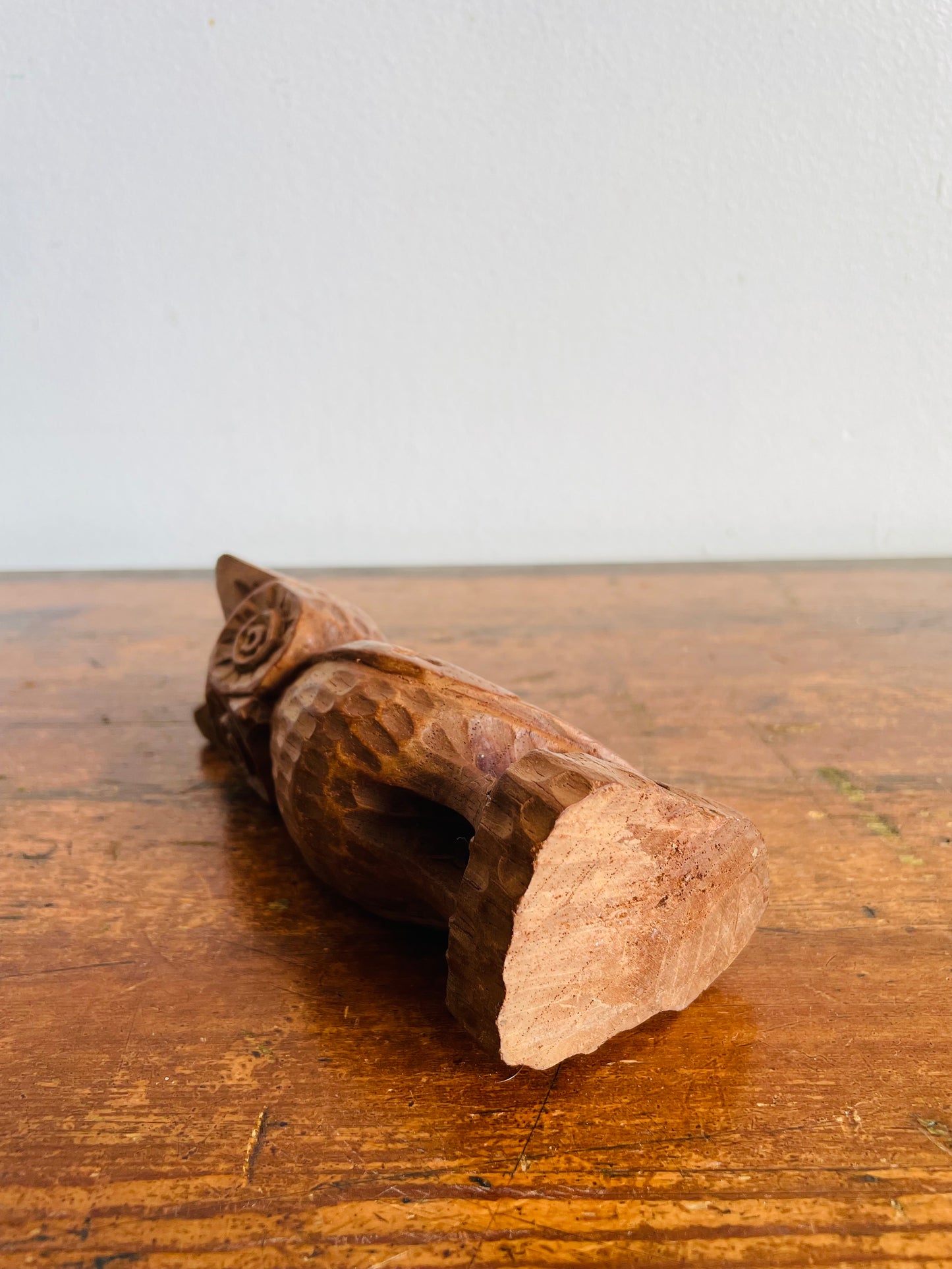 Vintage Mid-Century Modern Hand Carved Wood Owl Statue Figurine with Big Eyes