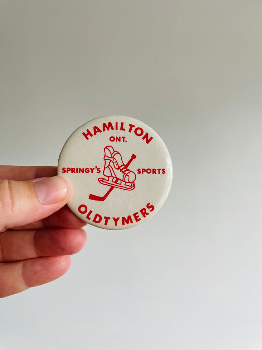 Vintage Metal Hockey Button Pin - Hamilton Ont. Oldtymers Springy's Sports - White #2