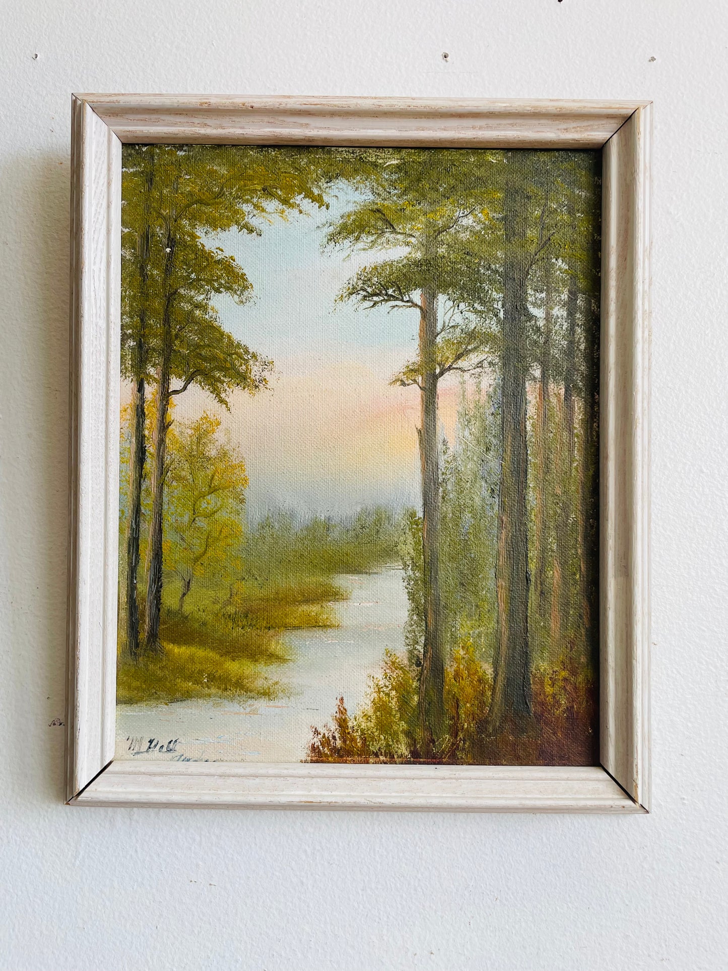 Vintage Original Art Painting Picture of Stream Through Forest in White Wood Frame - Artist Signed