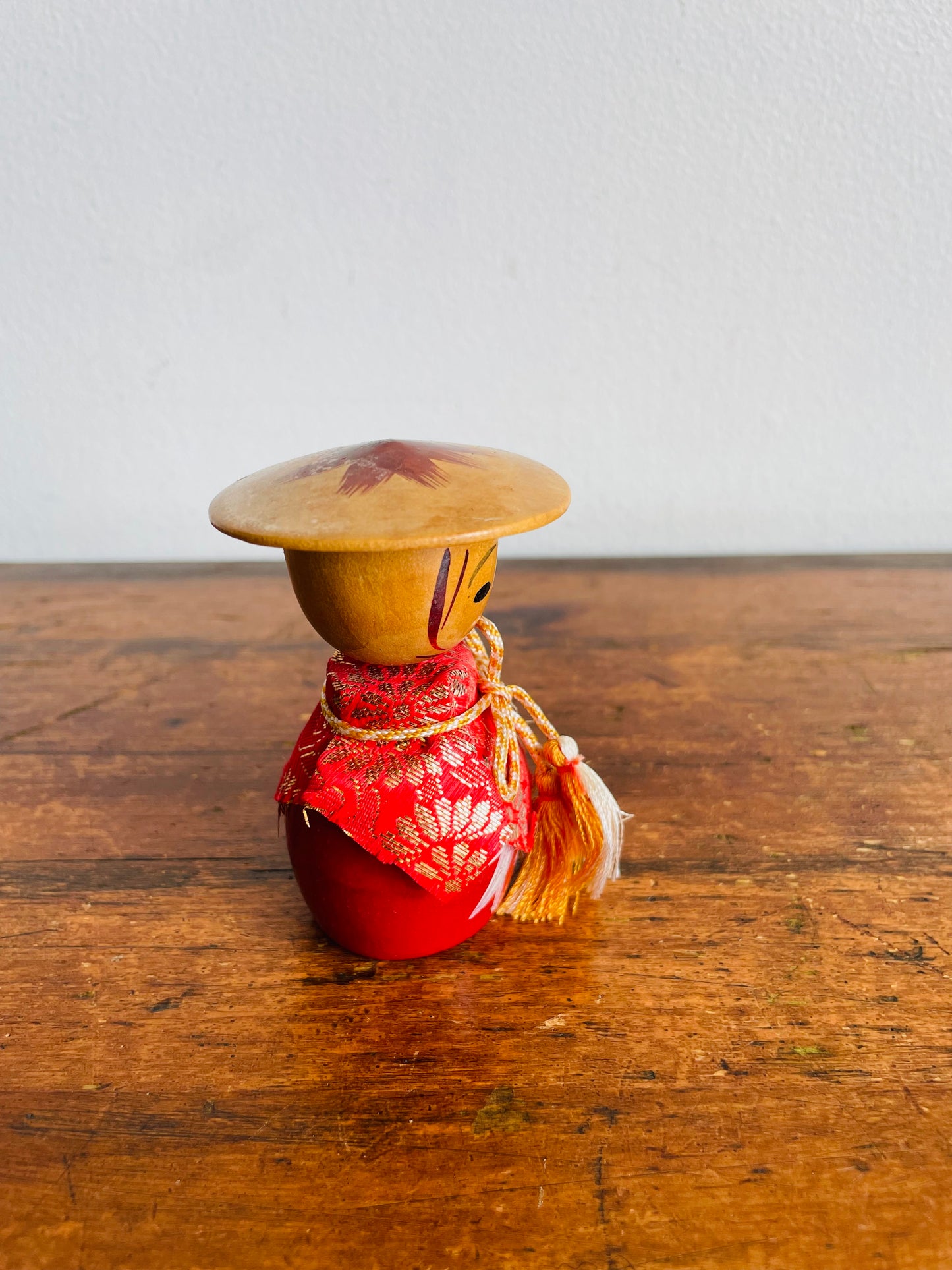 Vintage 3" Tall Japanese Wooden Kokeshi Bobblehead Doll in Red Fabric Dress with Belt & Hat