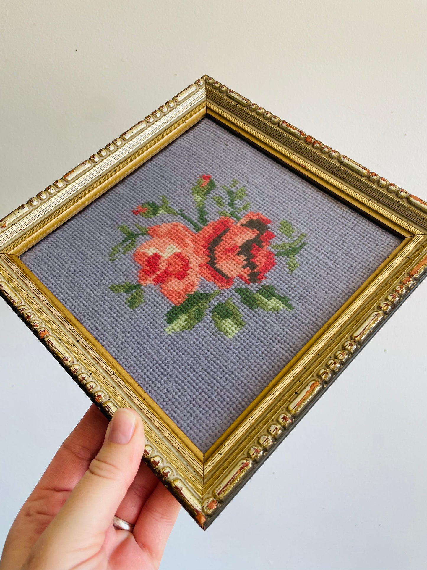 Vintage Needlepoint Embroidery Picture of Pink Roses on Blue Background in Diamond Frame - Simpsons Department Store
