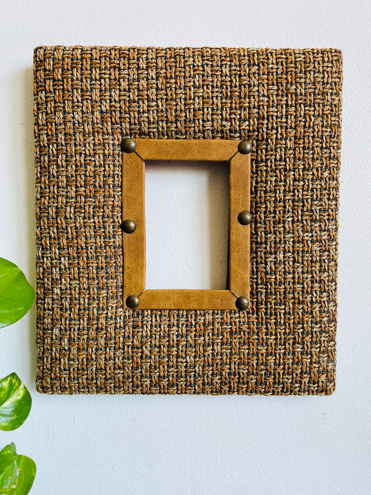Vintage Unique Hanging Picture Frame with Earthy Brown Tones - Woven Textured Fabric, Leather & Brass Rivets with Aged Patina - 2.75" x 4" Photo Size