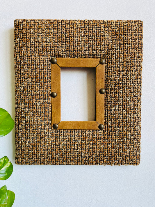 Vintage Unique Hanging Picture Frame with Earthy Brown Tones - Woven Textured Fabric, Leather & Brass Rivets with Aged Patina - 2.75" x 4" Photo Size