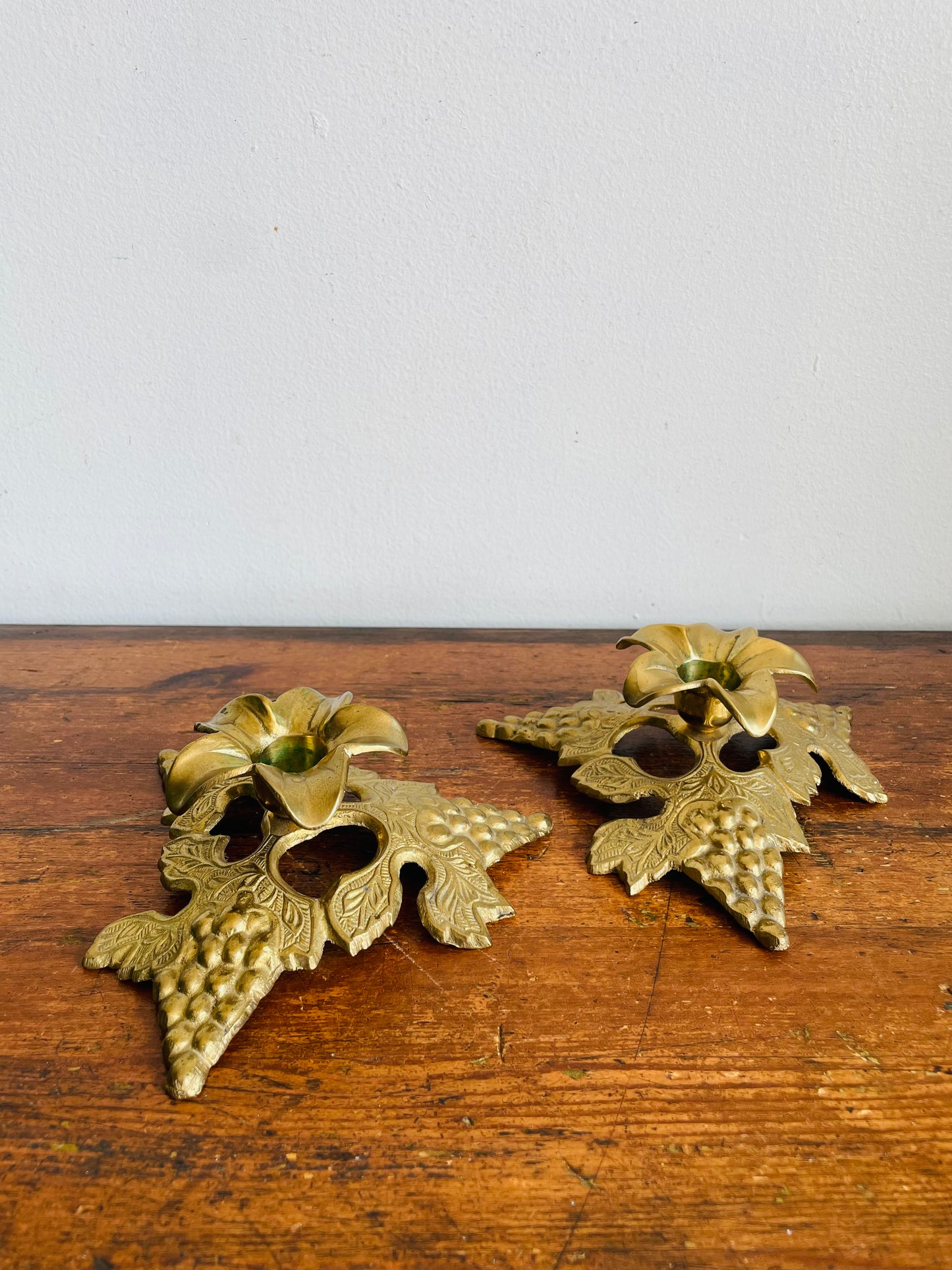 Vintage Solid Brass Candle Holders with Elaborate Grape & Leaf Design - Made in India - Set of 2