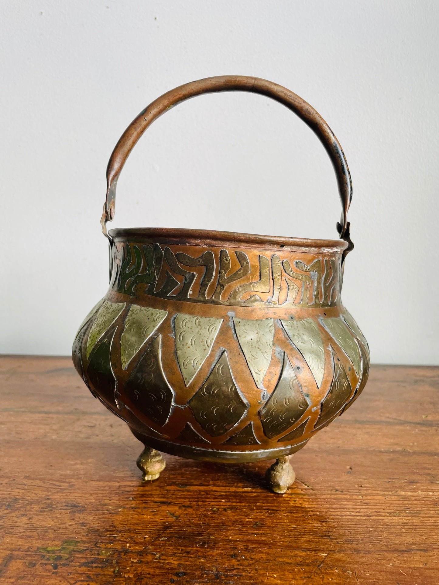Vintage / Possibly Antique Turkish Hammered Copper Cauldron Pot with Brass & Mixed Metal Geometric Design & Swing Handle - Makes a Great Planter!