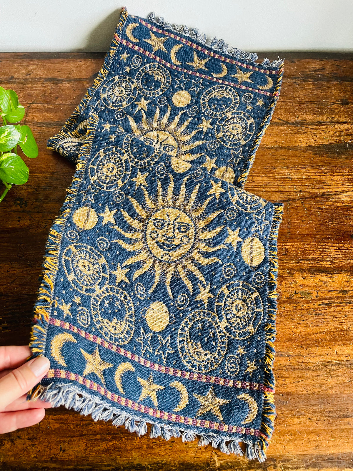 Vintage Blue & Yellow Reversible Celestial Tapestry Fabric Fringed 2.88 Feet Table Runner with Sun, Moon & Star Design - Whimsigoth Decor