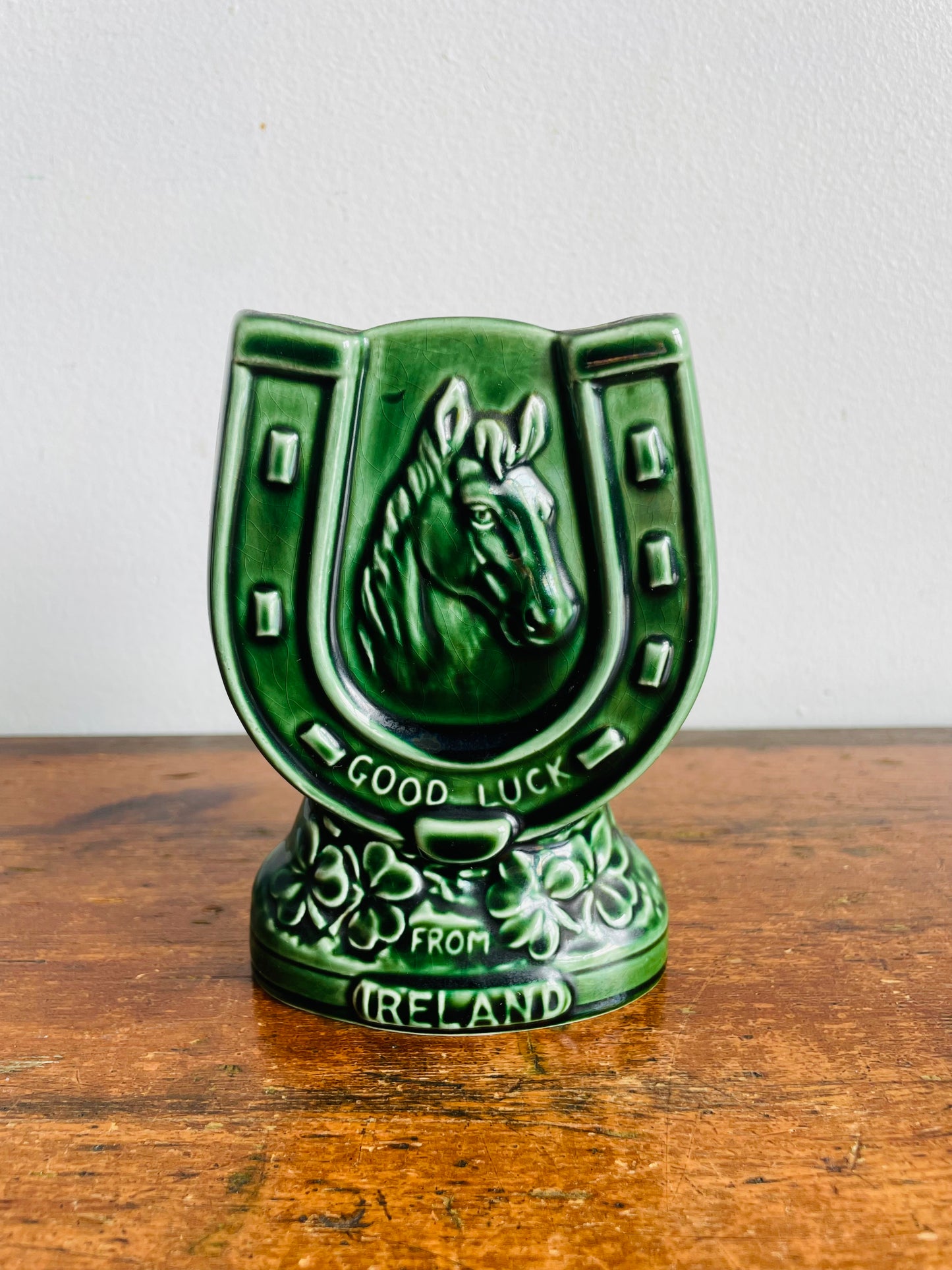 Vintage Green Sylvac 4110 Good Luck From Ireland Vase, Match, or Incense Holder with Horseshoe Horse Equestrian Design #1 - Made in England