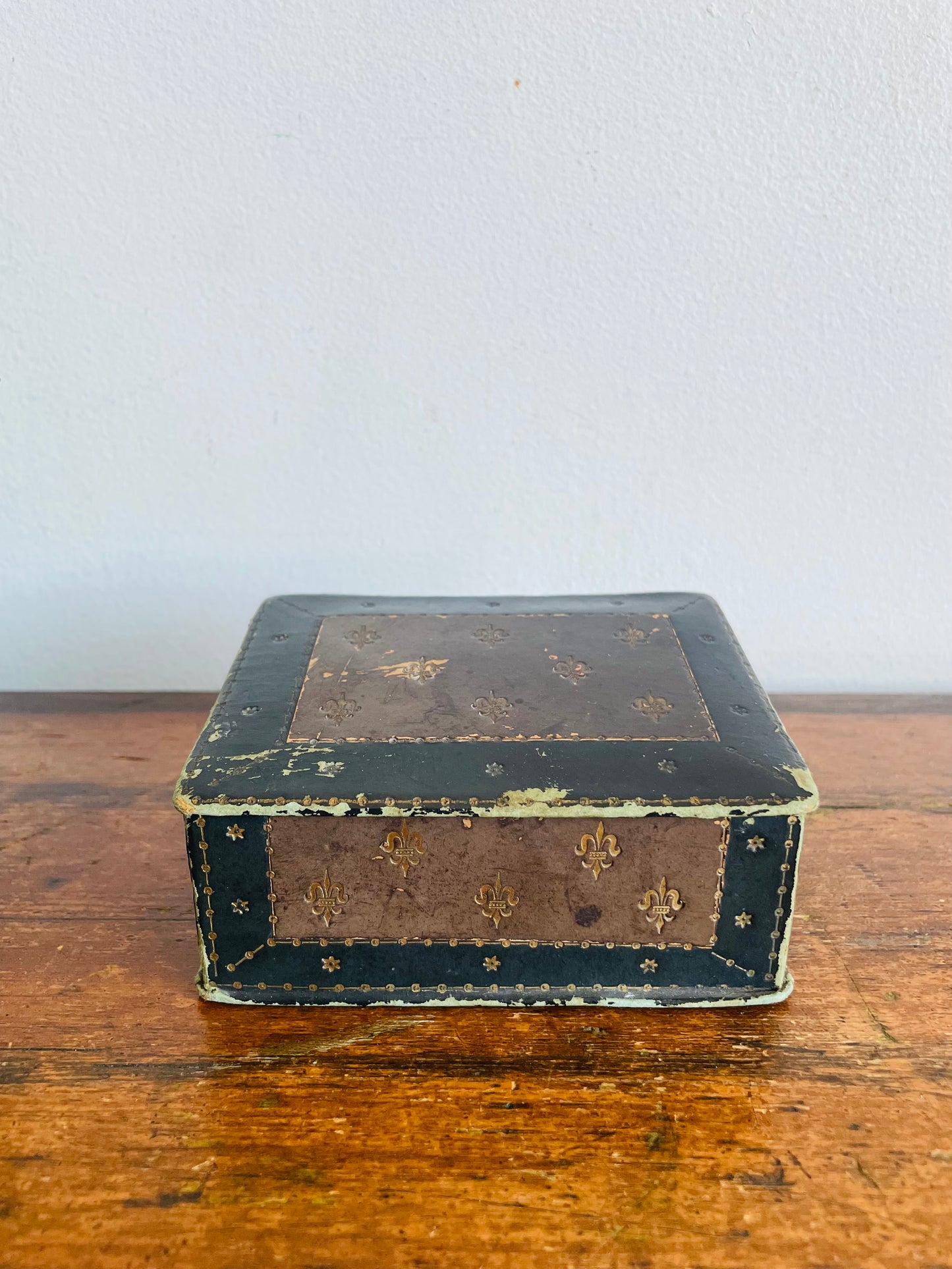 Vintage Black & Brown Italian Tooled Leather Box with Sloped Design & Hinged Lid - Wood Interior