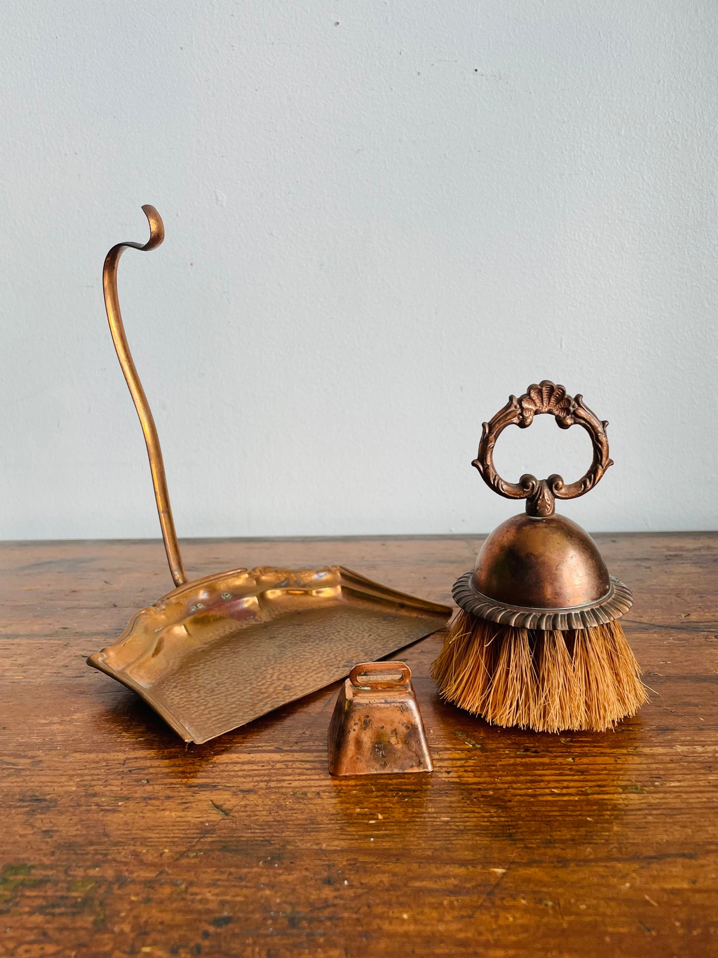 Antique Copper Silent Butler Crumb Catcher Dustpan with Hook Hanger, Brush & Bell - Set of 3 Pieces - Celtic Quality Plate - Made in England