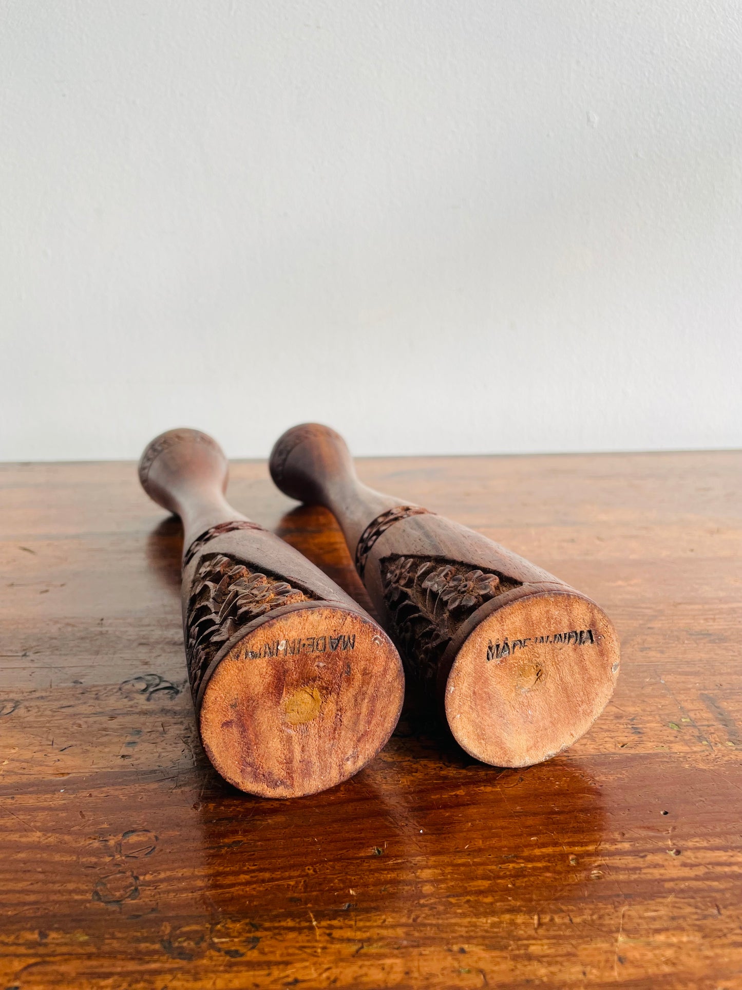 Tall & Shapely Indian Rosewood Candle Holders with Carved Floral Design - Set of 2 - Made in India