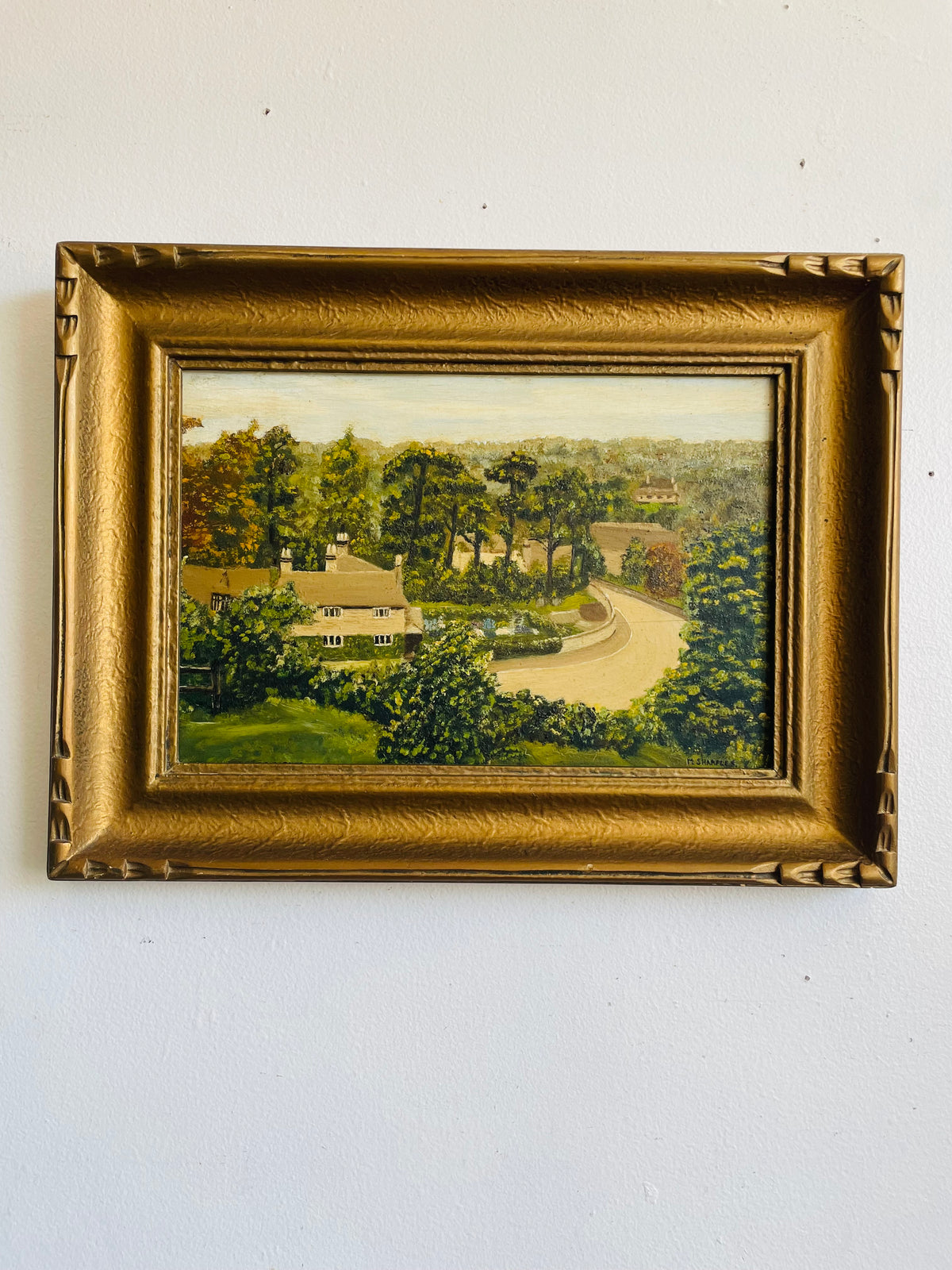 Vintage Original Art Painting in Gold Frame - English Country Scene with House & Trees on Winding Road - Artist Signed M. Sharples - Image Recreated from a Postcard