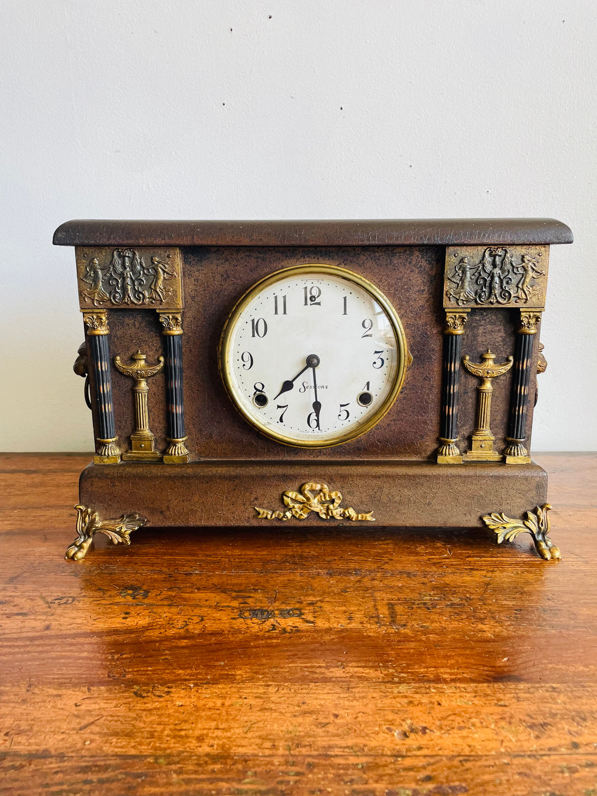 Antique Sessions Clock Company Mechanical Mantle Clock with Ornate Brass Details, Claw Feet & Lion Head Handles - Regent Eight Day Half-Hour Strike Model - Untested