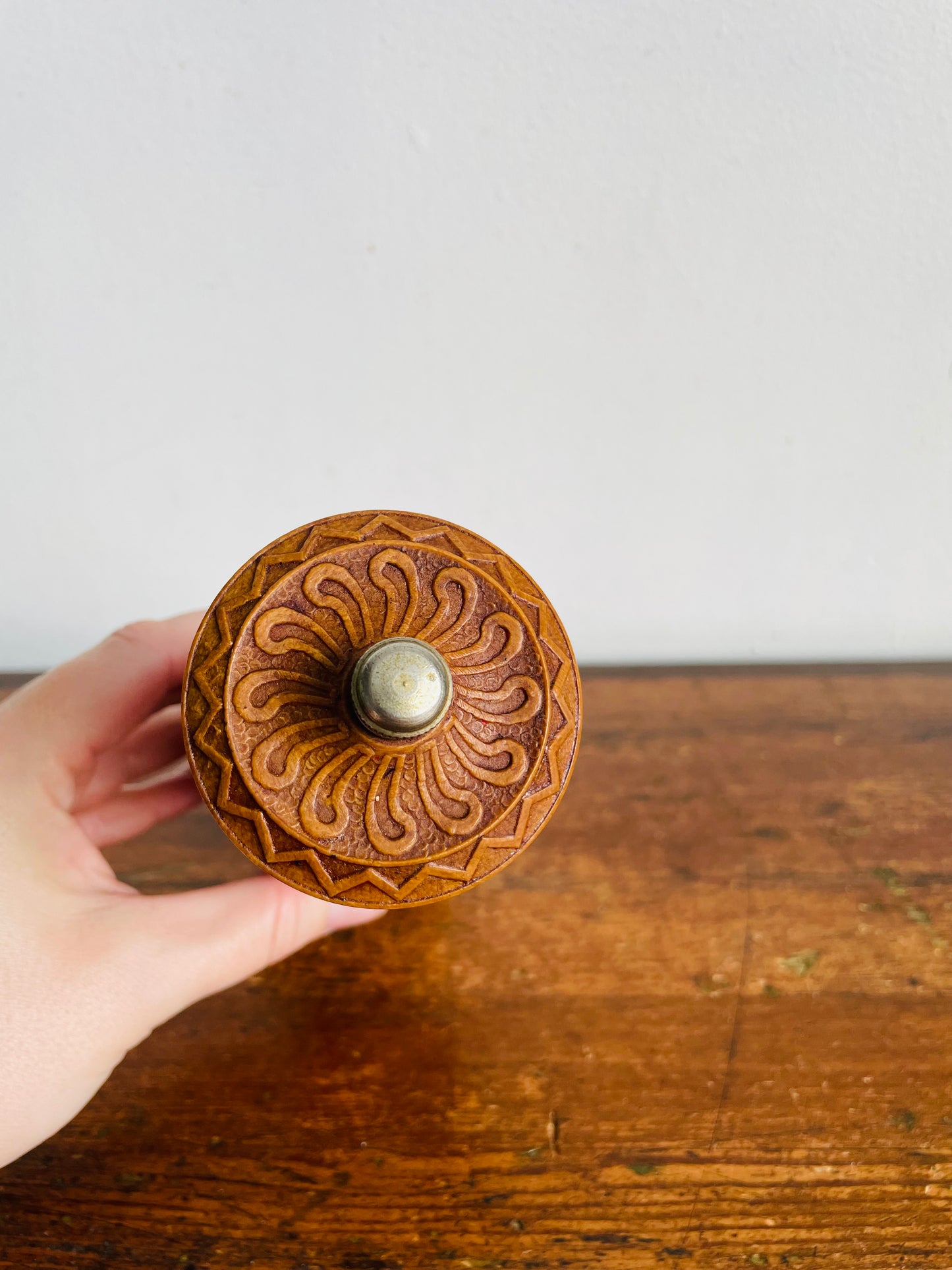Vintage Carved Wood Pepper Mill Grinder with Interesting Design - Made in Italy
