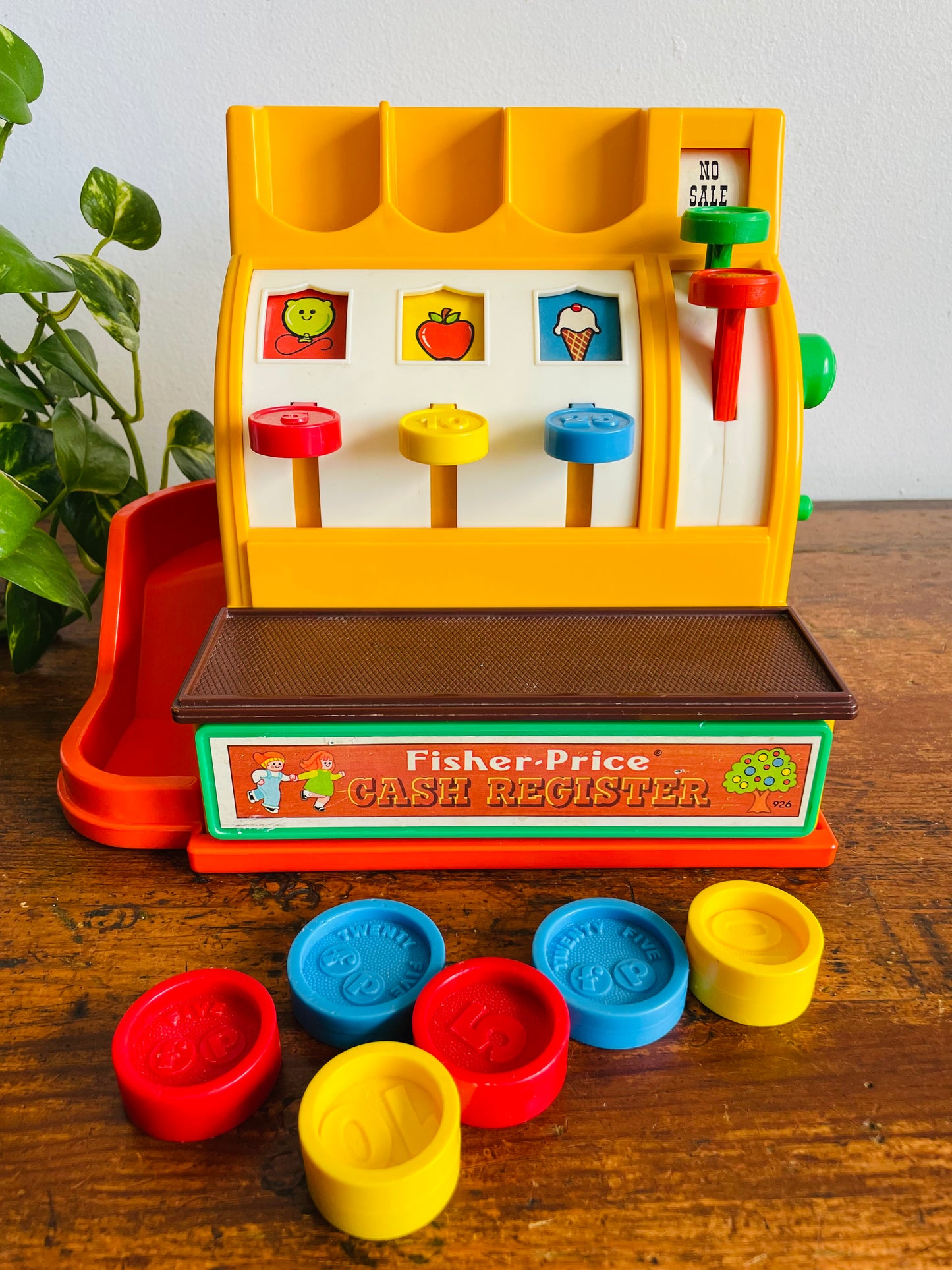 Vintage 1974 Fisher Price Toys Cash Register - Includes 6 Coins - Buttons, Bell, Drawer - Tested / Works!