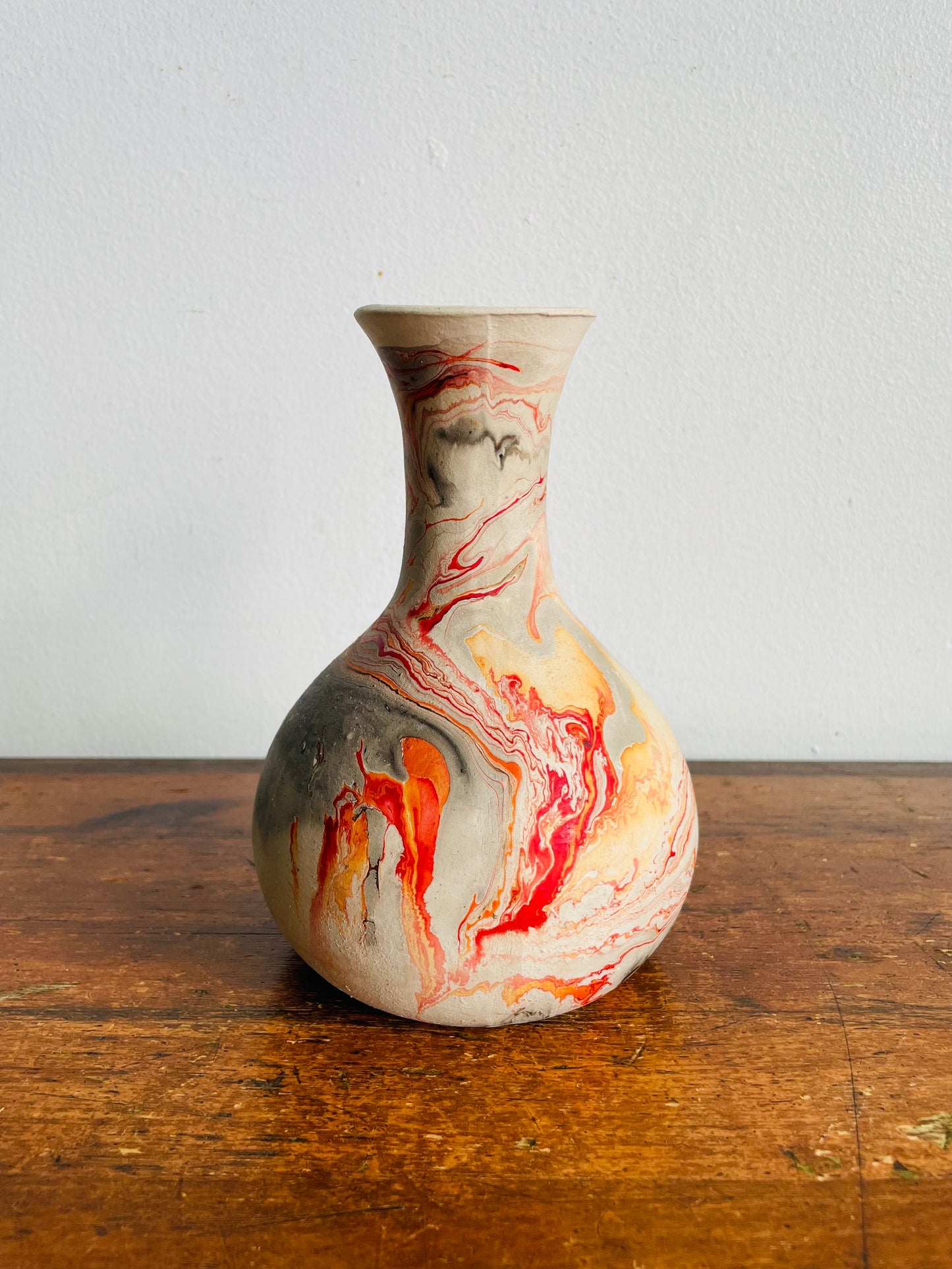 Vintage Nemadji Clay Pottery Vase - Red, Orange & Black Marbled Swirl Pattern - 6.5” Tall