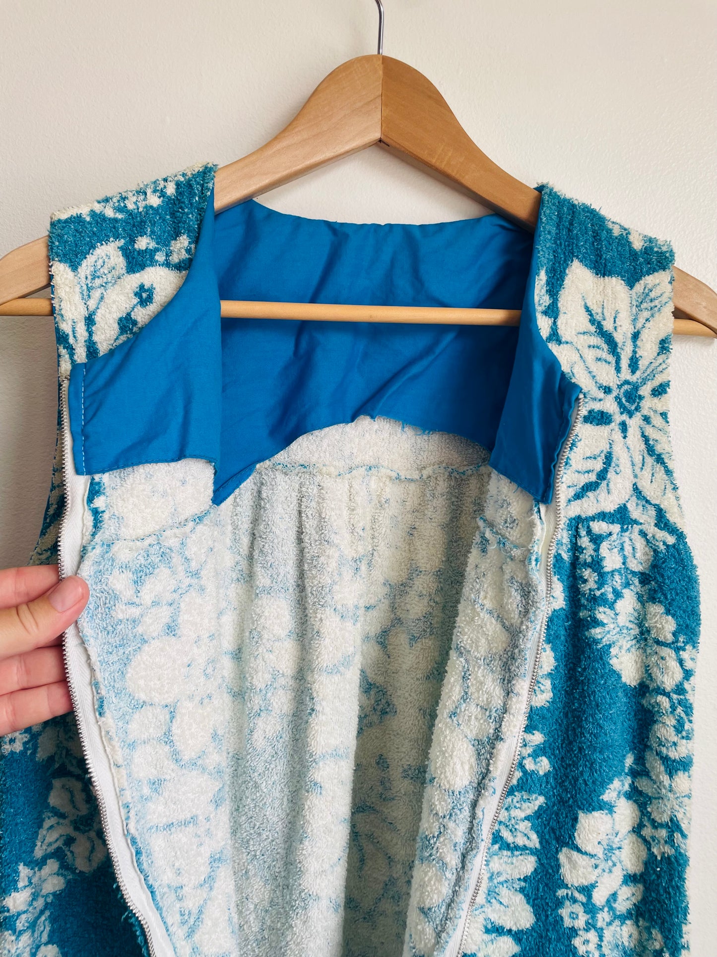 Zippered Terry Cloth Towel Dress or Beach Cover-Up with Pockets & Blue & White Tropical Hibiscus Flower Design