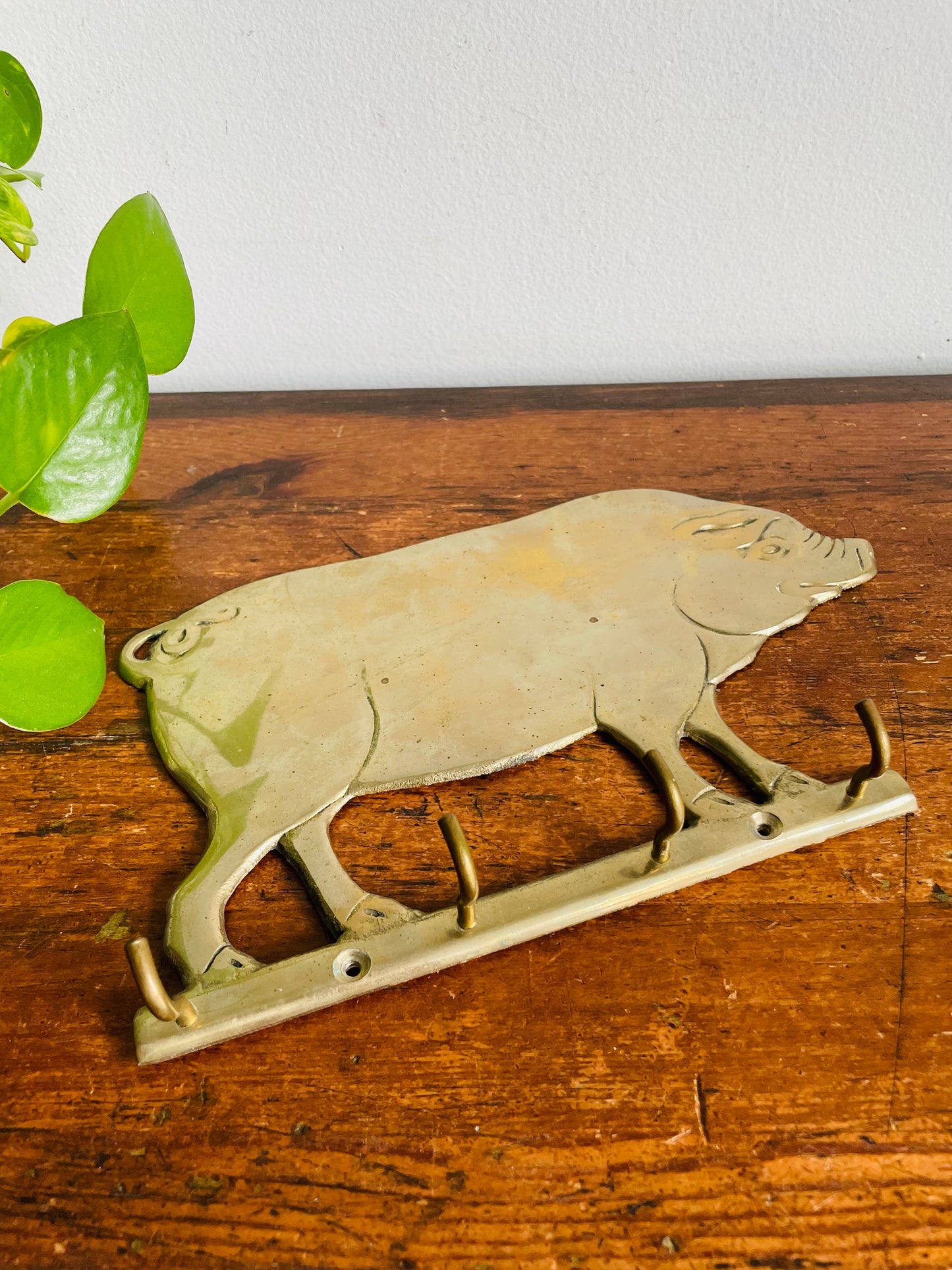 Vintage Solid Brass Pig Wall Rack Hanger with 4 Sturdy Hooks - Keys, Tea Towels, Etc.