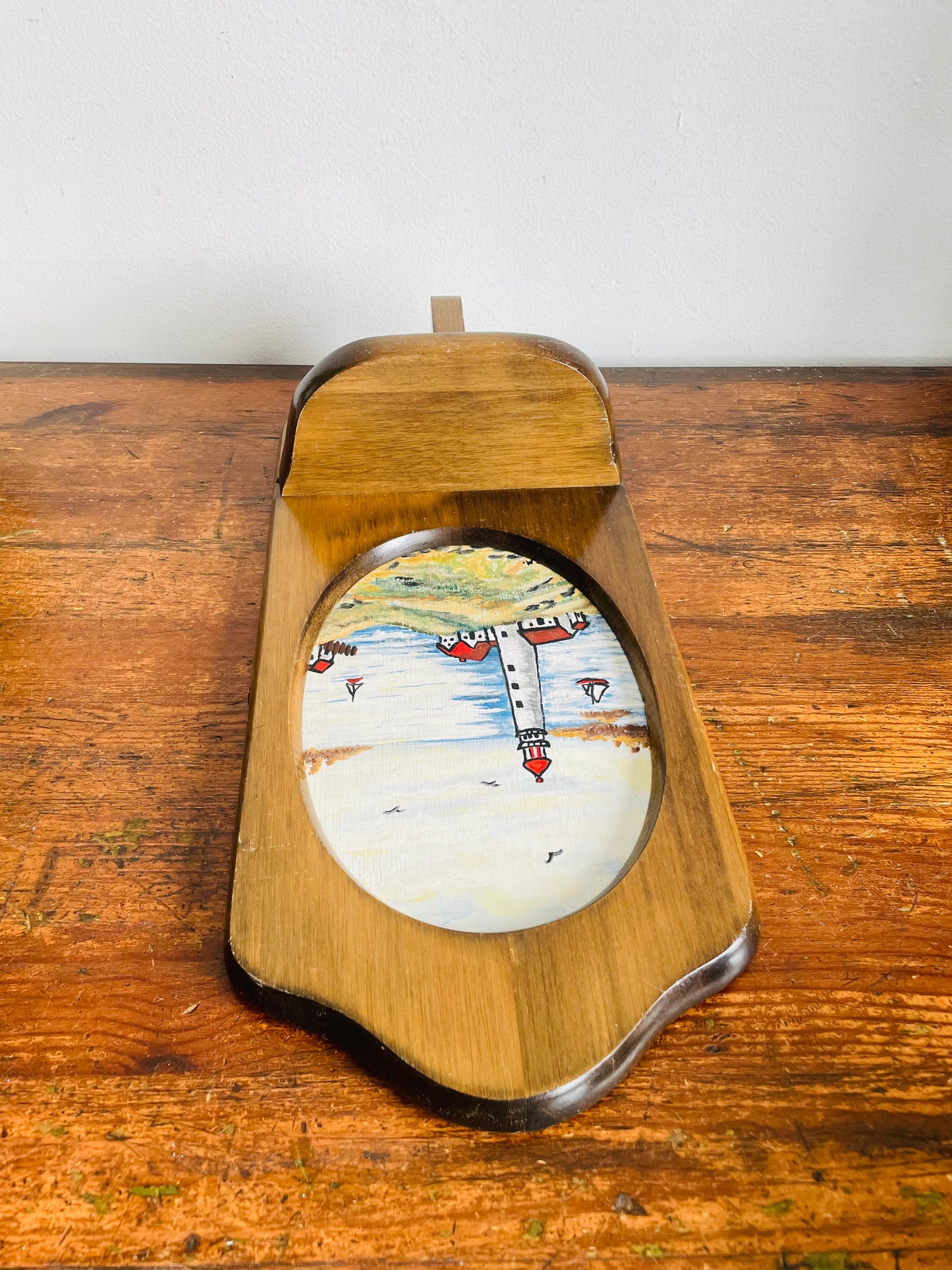 Vintage Original Art Painting of Lighthouse Nautical Scene in Hanging Wood Wall Shelf Ledge - Artist Signed