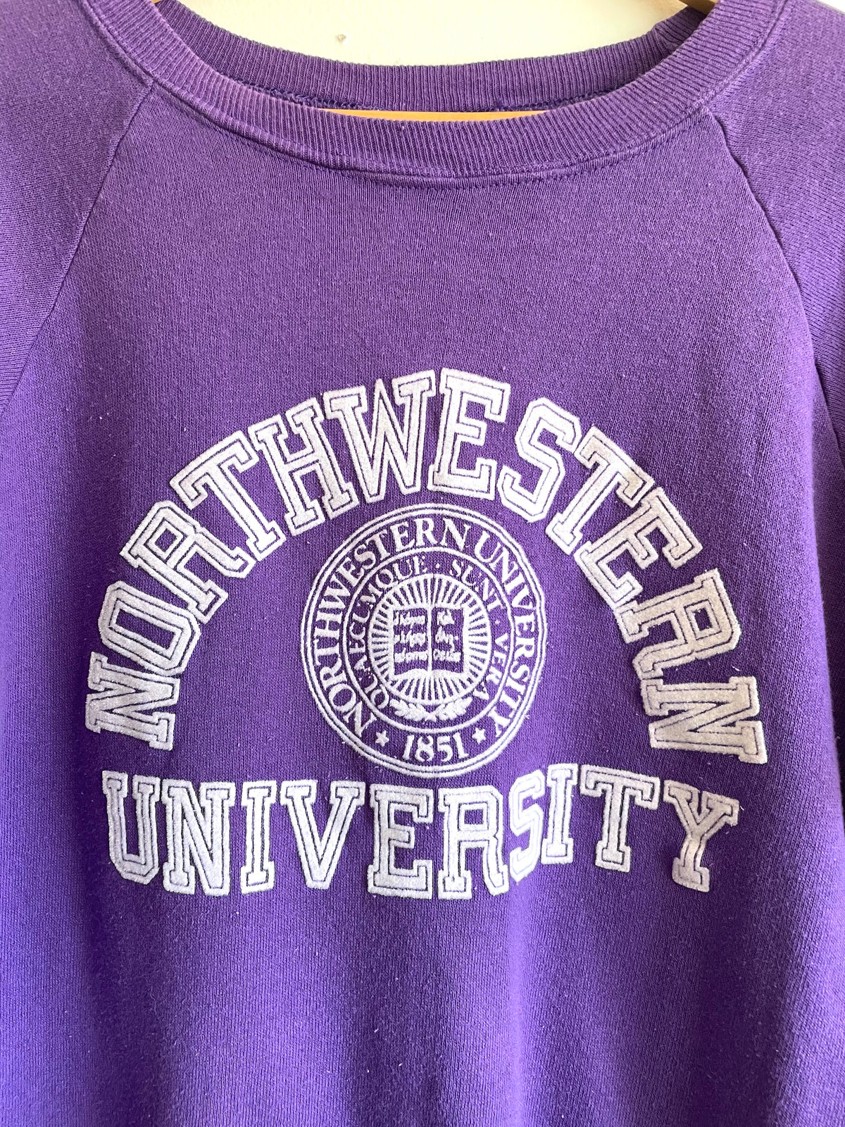 Vintage 1980s Northwestern University Champion Brand Purple Crewneck Sweatshirt with White Velvet Raised Logo - Evanston Illinois - Size XL - Made in USA