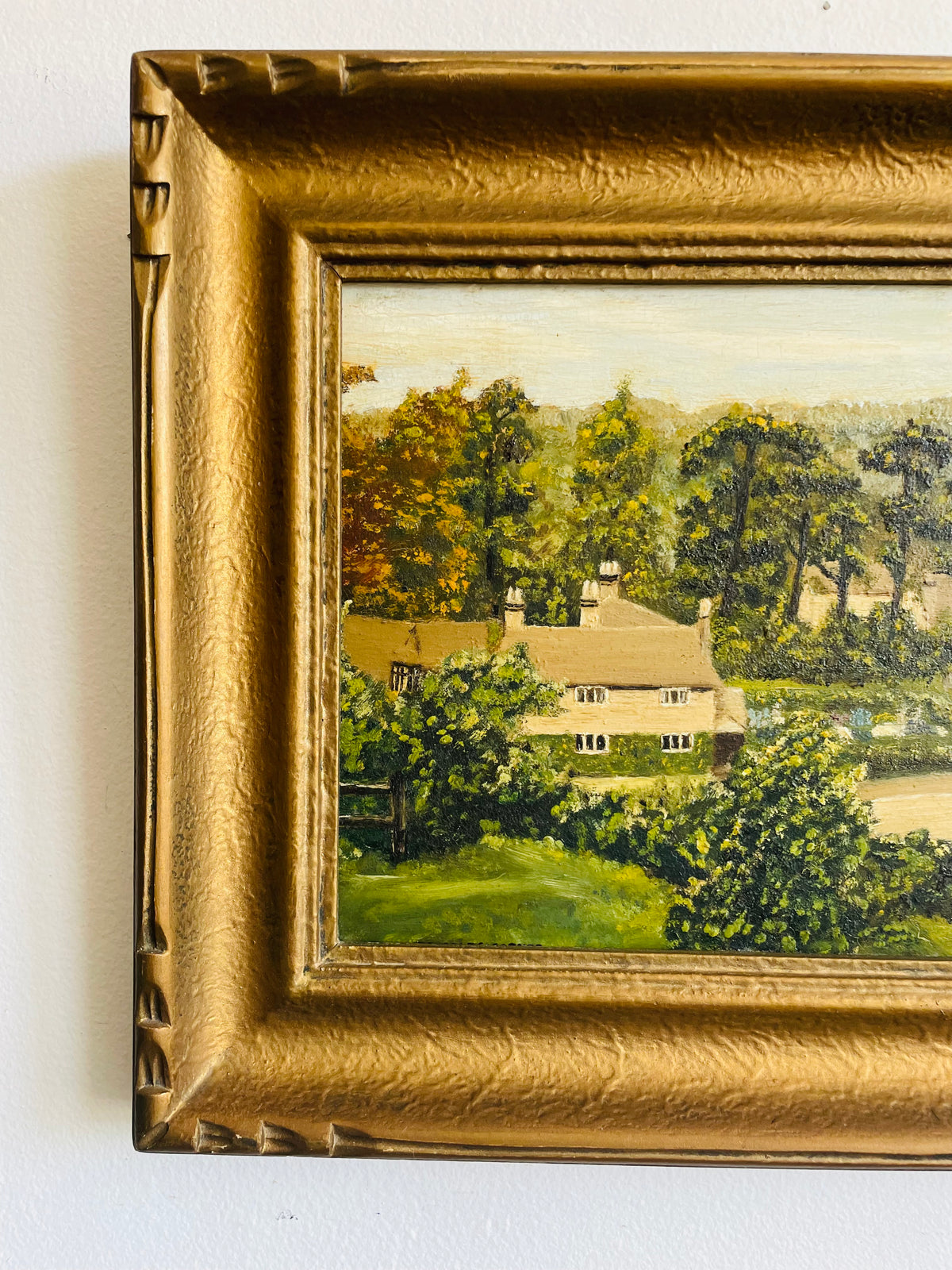 Vintage Original Art Painting in Gold Frame - English Country Scene with House & Trees on Winding Road - Artist Signed M. Sharples - Image Recreated from a Postcard