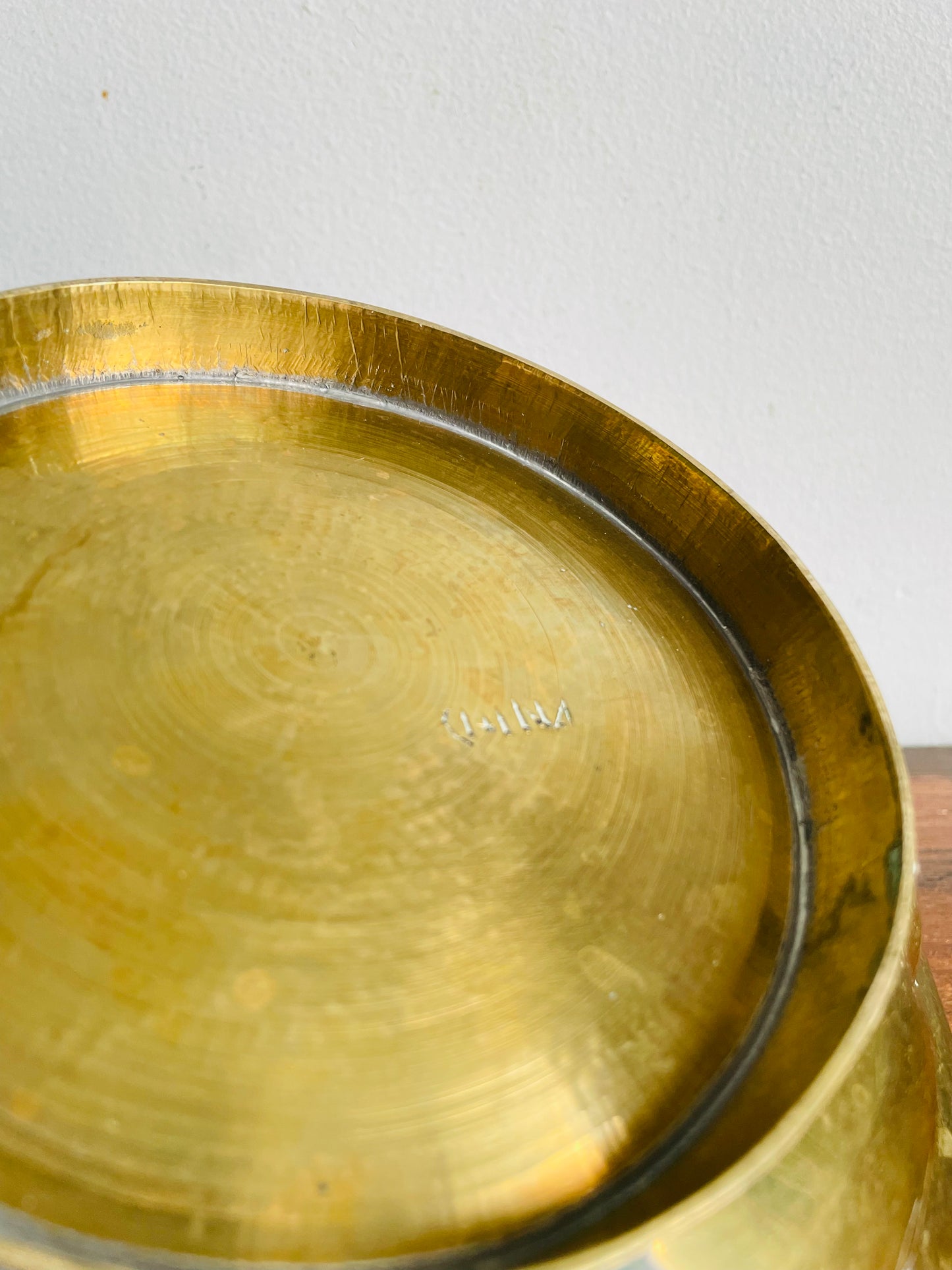 Vintage Solid Chinese Brass Footed Bowl with Etched Dragon Design