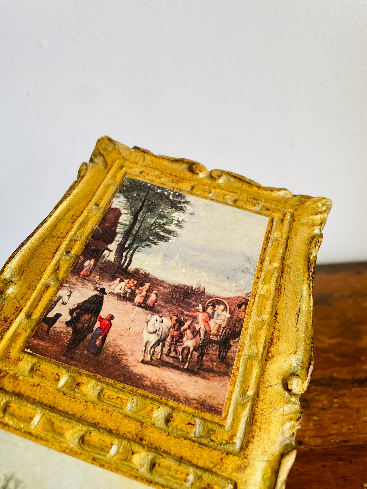Vintage Italian Florentine Gold-Gilt Triple Landscape Wall Plaque Picture with European Art Print Scenes