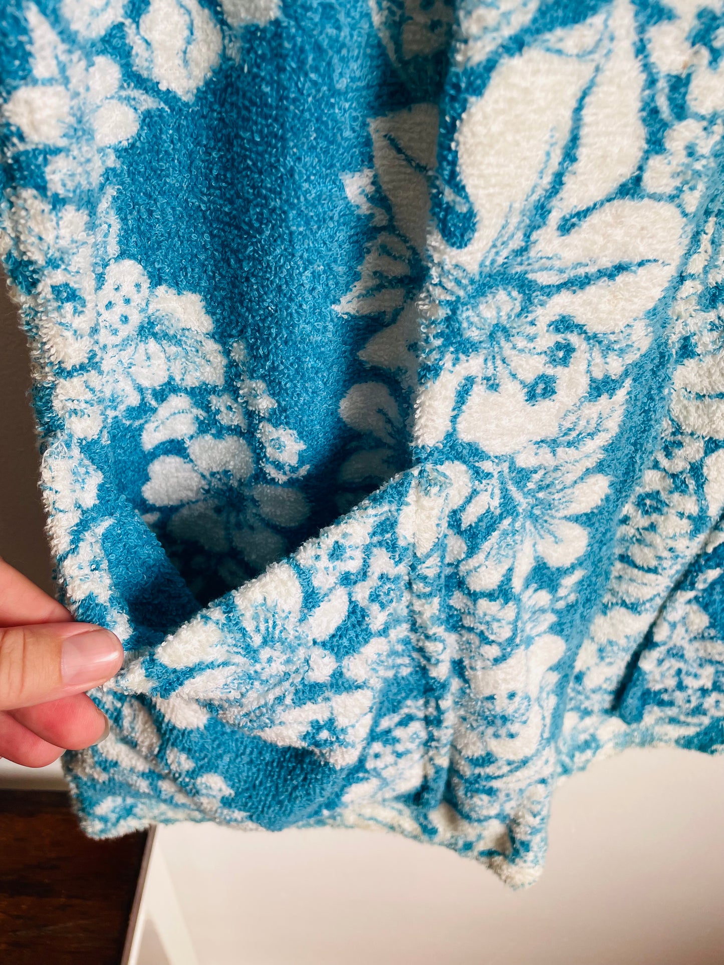 Zippered Terry Cloth Towel Dress or Beach Cover-Up with Pockets & Blue & White Tropical Hibiscus Flower Design