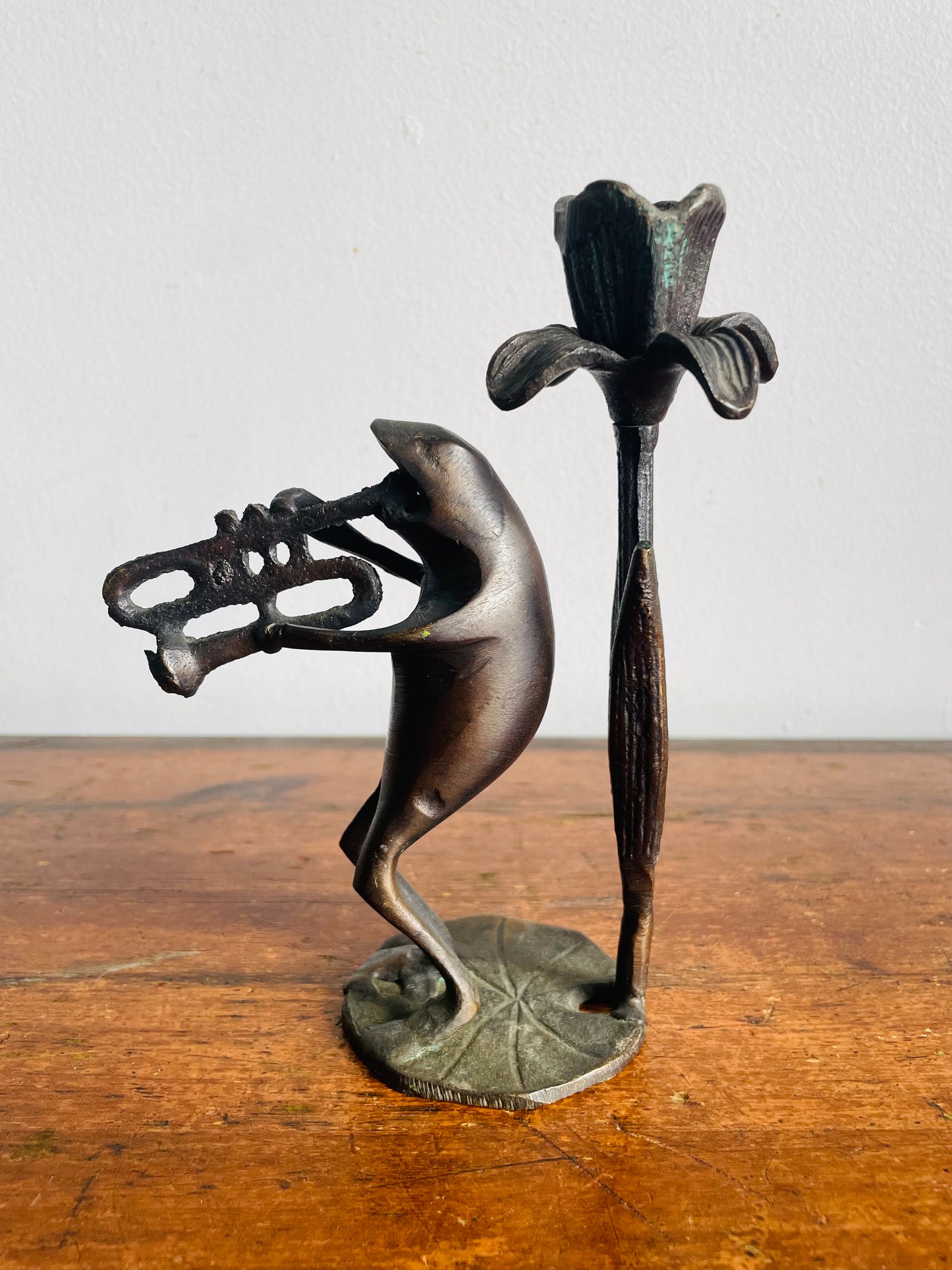 Vintage Solid Bronze Brass Trumpet Playing Frog Musician on Lily Pad with Flower Candle Holder