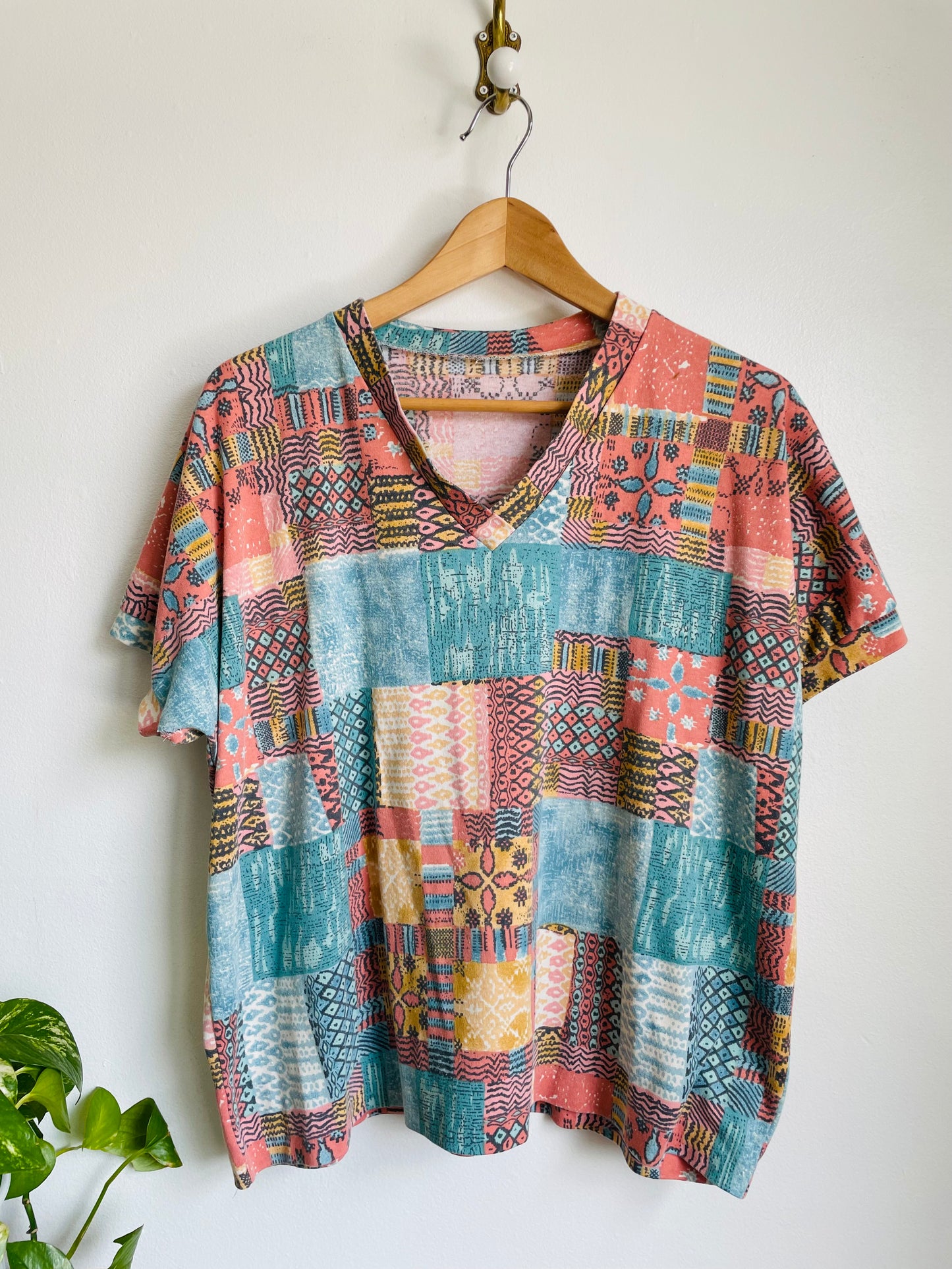 Soft V-Neck T-Shirt with Patchwork Pattern