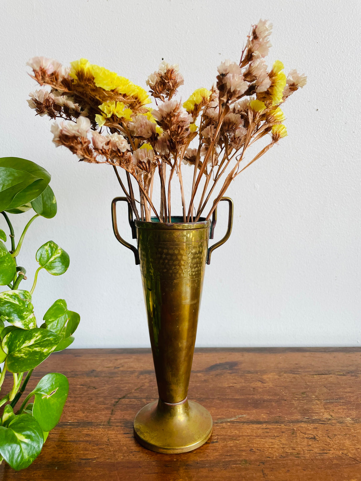 Vintage Brass Trophy Cup-Style Vase with Sand-Filled Base, Twin Handles & Aged Patina - Flowers, Feathers, Long Matches, Incense