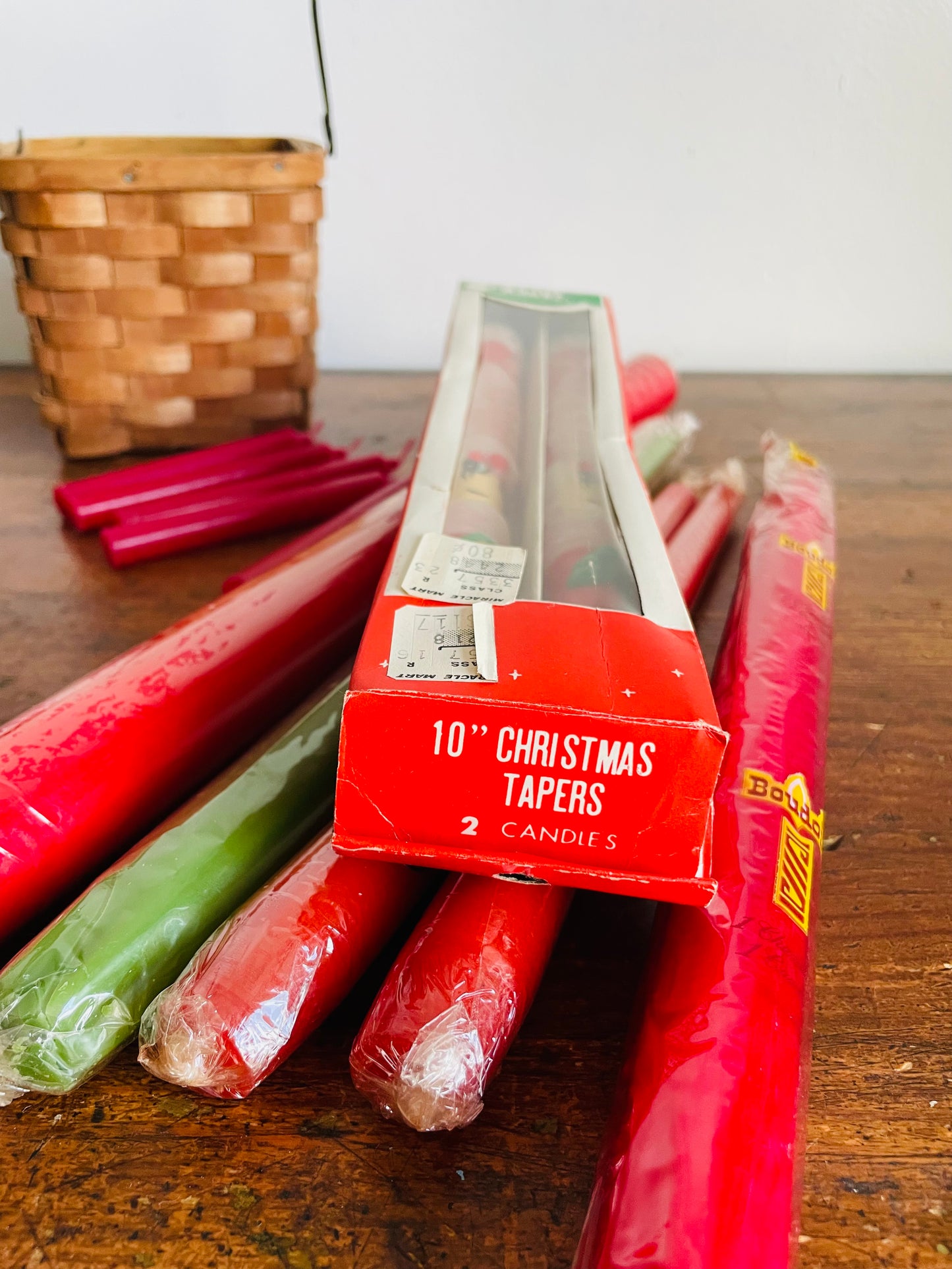 Brand New Vintage Collection of Christmas Candles in Wicker Basket - Assorted Sizes & Shapes, Red & Green - Includes Santa Face Candles in Original Box - Set of 12 Candles + Basket