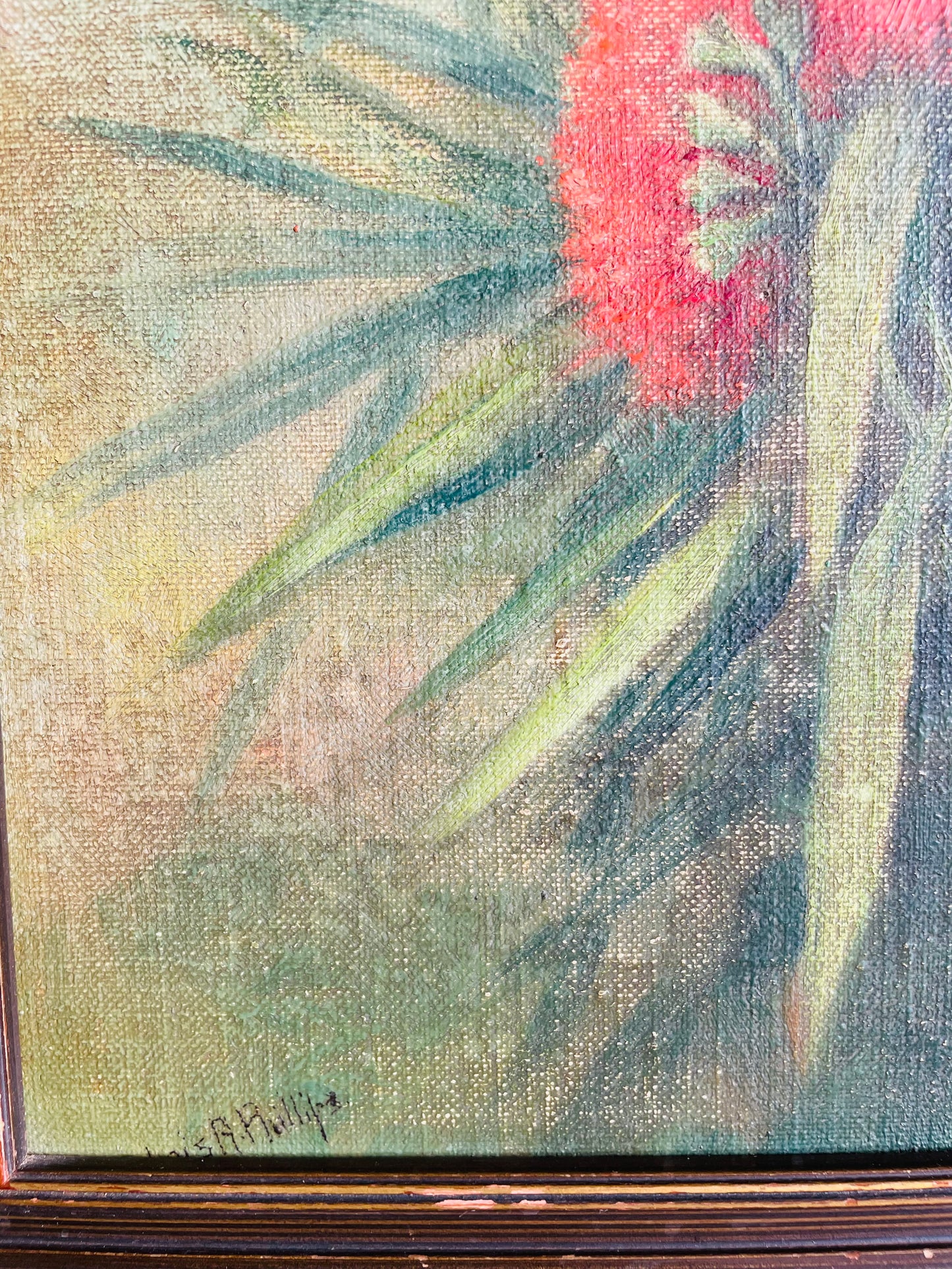 Vintage Very Old Original Art Painting of Red Flowers Among Green Foliage in Dark & Moody Colours - Artist Signed