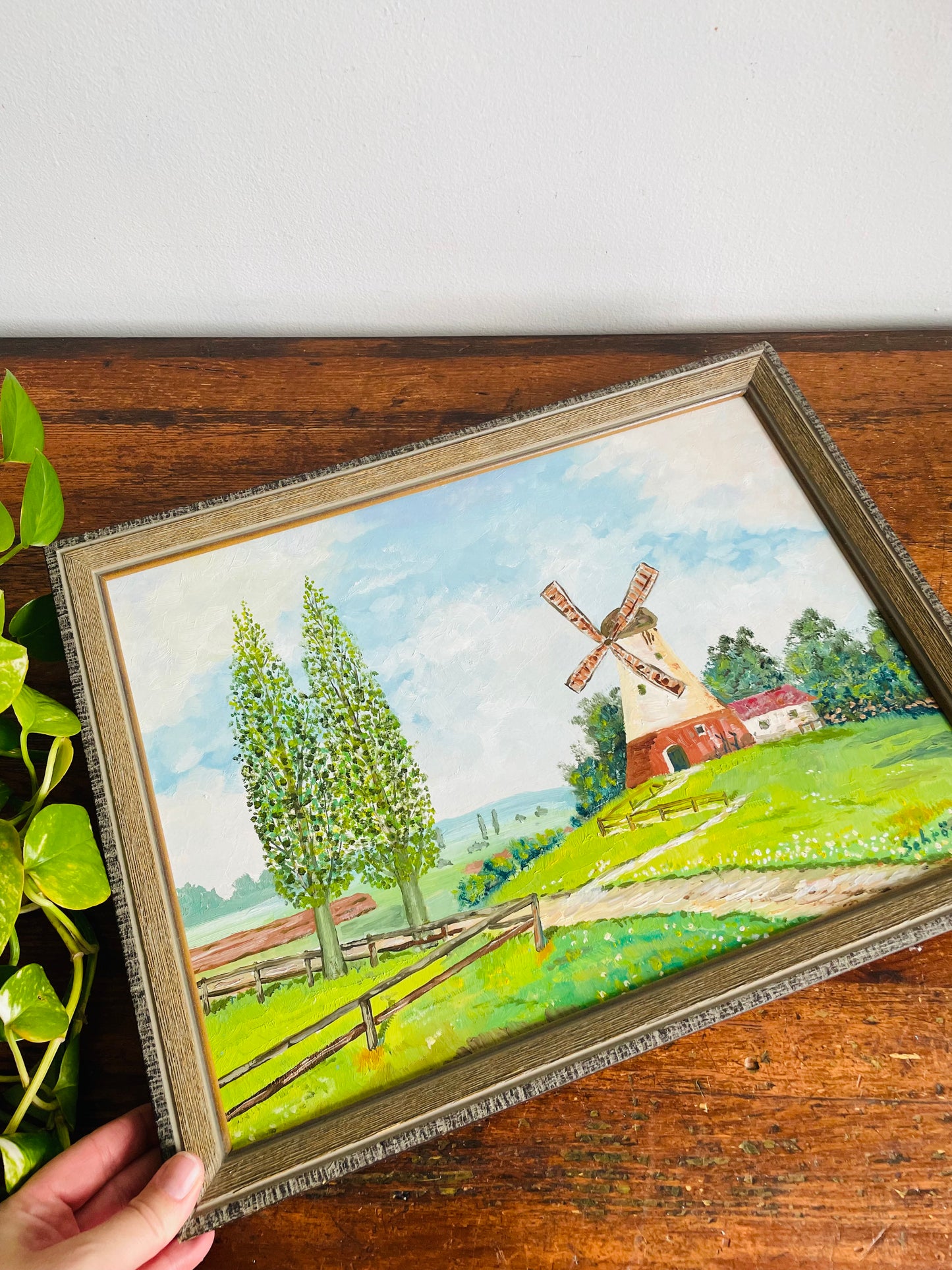 Vintage 1982 Original Art Painting of Dutch Countryside Scene - Green Grass Meadow & Windmill Cottage - Artist Signed