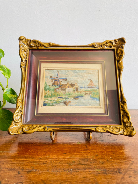 Vintage Petit Point Needlepoint Embroidery Picture of Dutch Windmill & Boat Landscape Scene in Ornate Shadow Box Frame