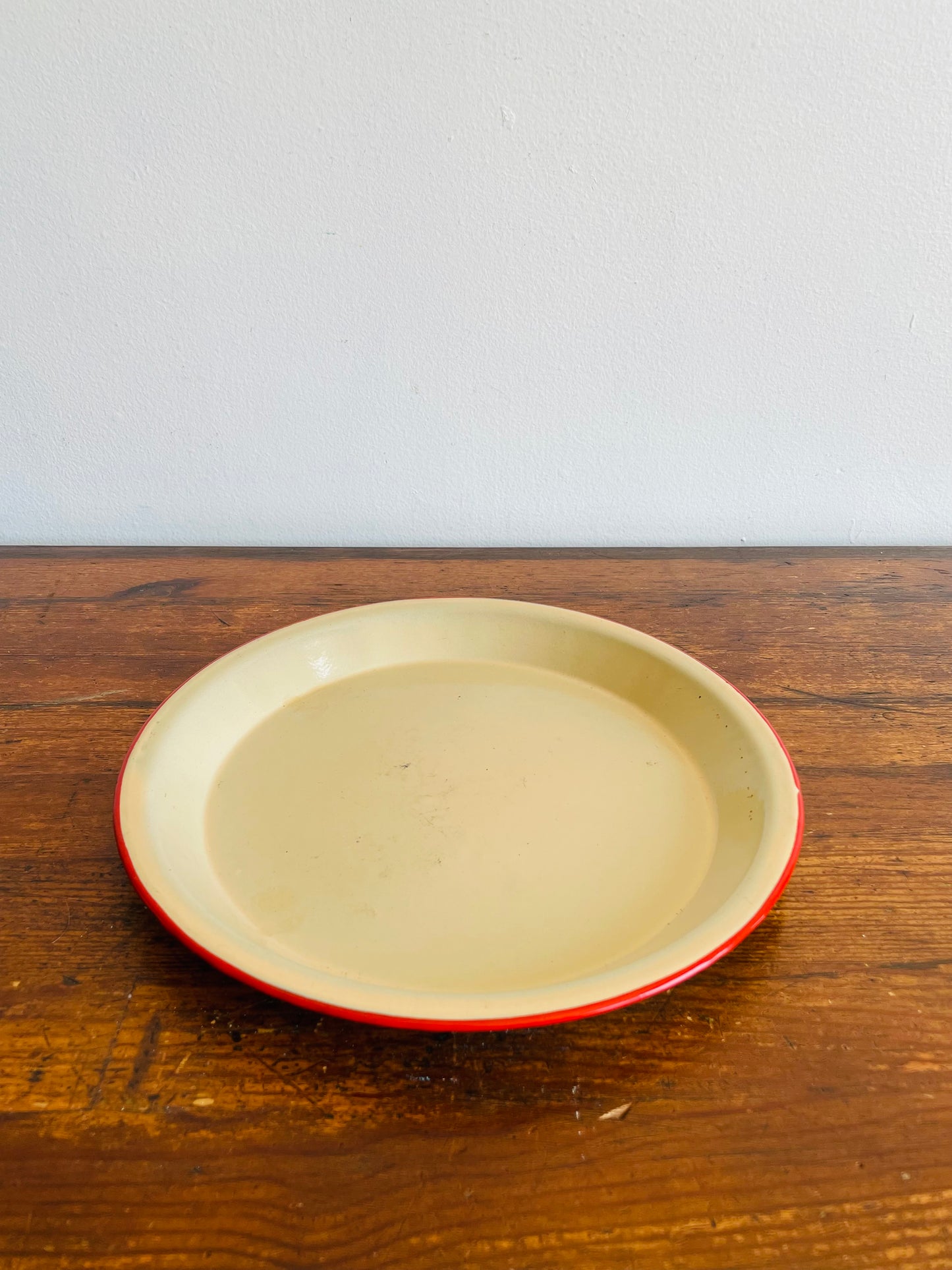 Cream Enamelware 9.75" Shallow Pie Dish or Rimmed Plate with Red Rim